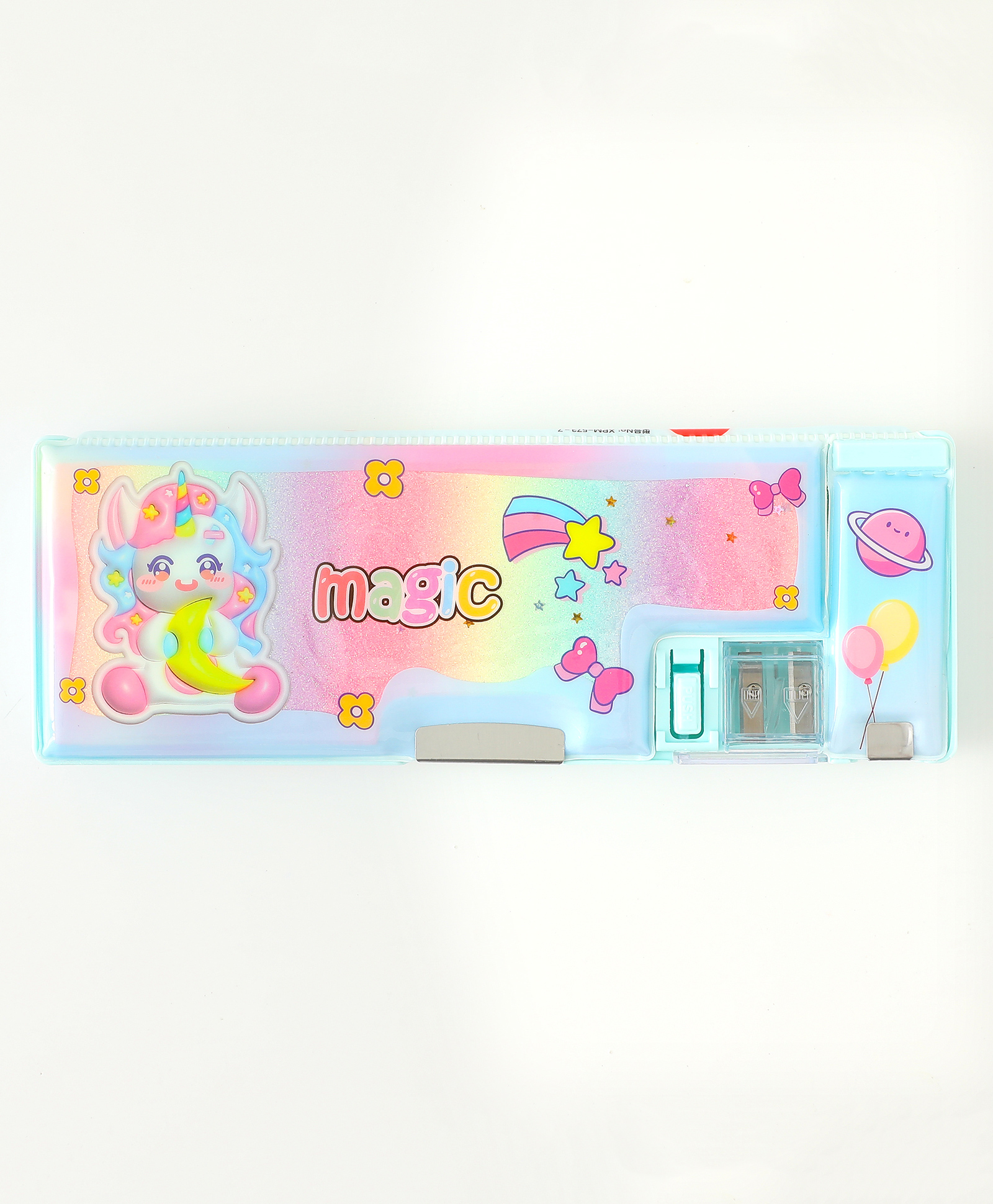fab n funky Unicorn Magic Magnetic Pencil Box for Kids - Blue| Durable Hard Case| Dual Sharpeners| Double Compartments| Stationery Organizer for School Boys & Girls-picture-11