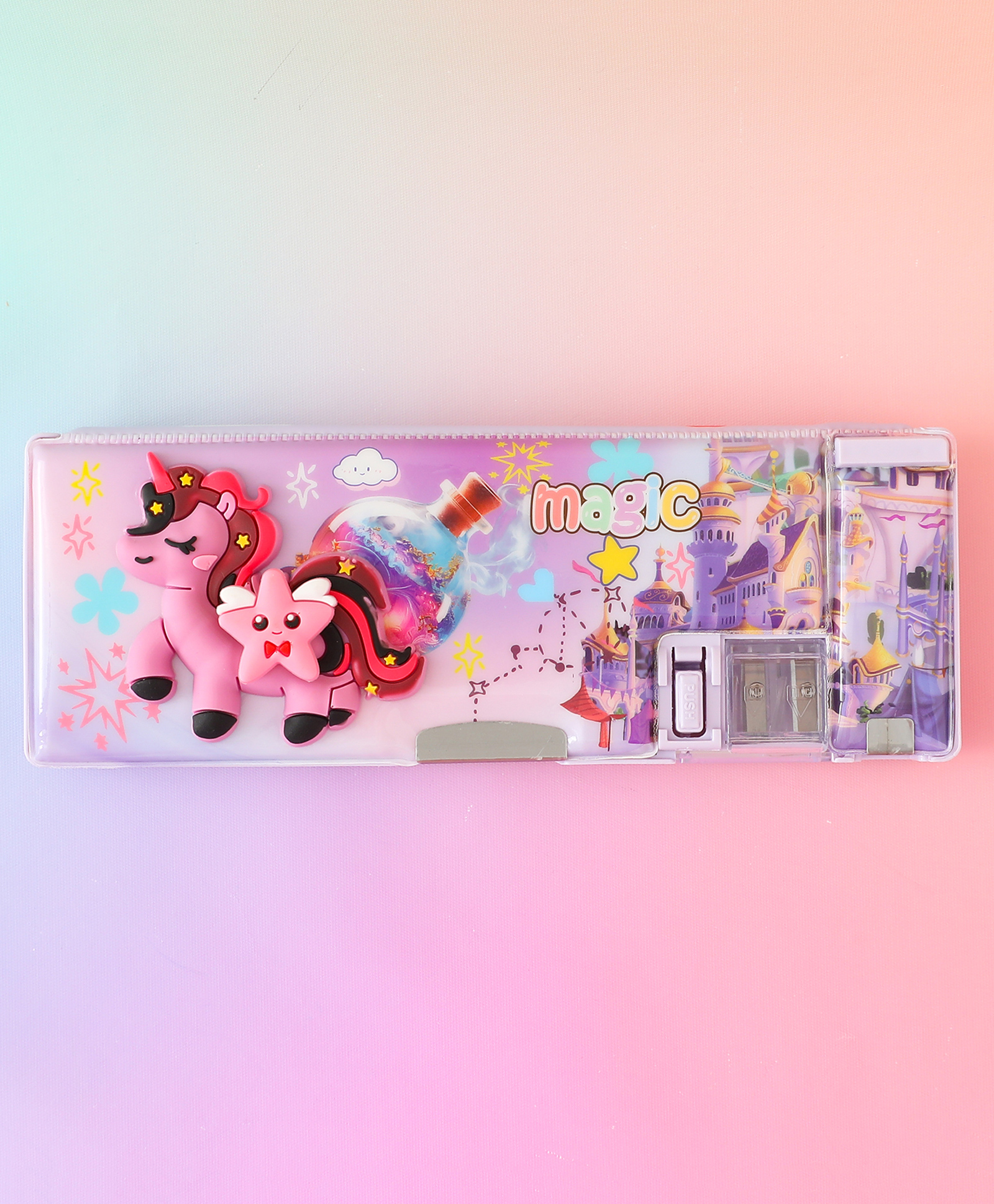 fab n funky Starlight Unicorn Magnetic Pencil Box for Kids Purple| Durable Hard Case| Dual Sharpeners| Double Compartments| Stationery Organizer for School Boys & Girls-picture-13