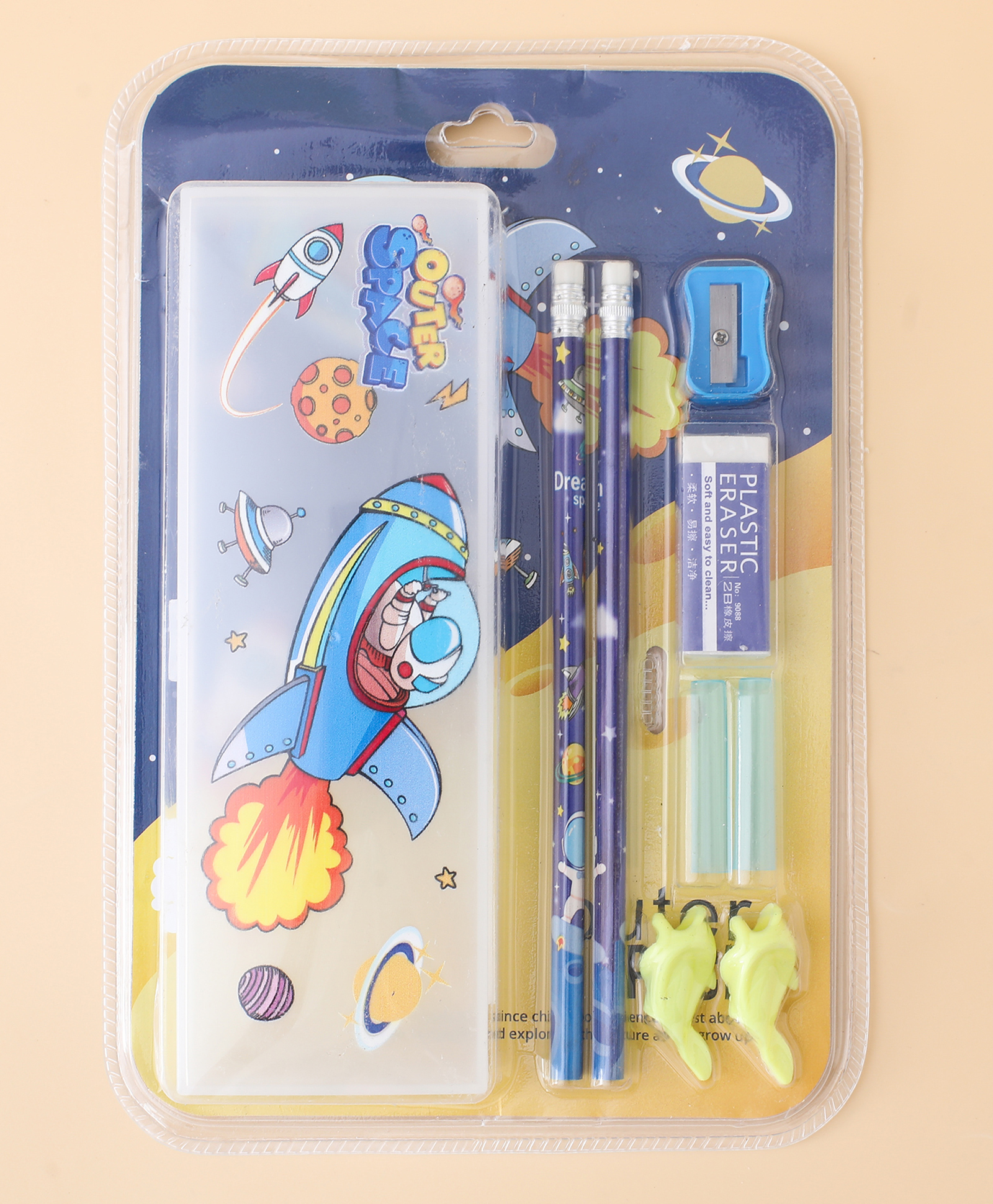 Outer Space Kids Stationery Set - Blue| Writing Kit with Pencil box, 2 Pencils, Eraser, Sharpener & 2 Grips | School Study Kit for Boys & Girls-image-6