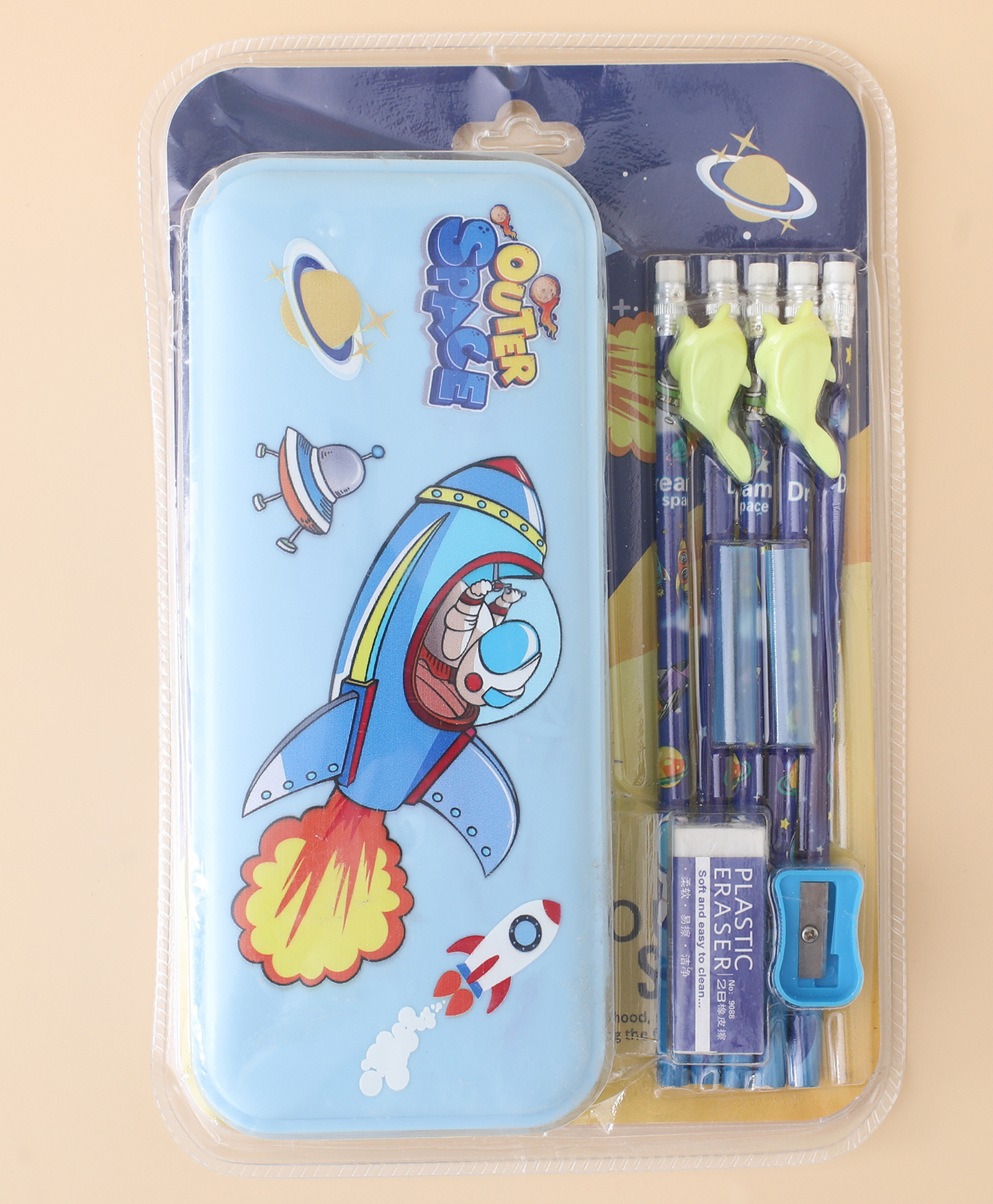 Space Travel Theme Pencil Box & School Stationery Set 12 Pcs - Blue| Pencil Box, Pencils with Eraser, Pencil Grips, Pencil Caps, Eraser & Sharpener| School Essentials for Boys & Girls-image-30