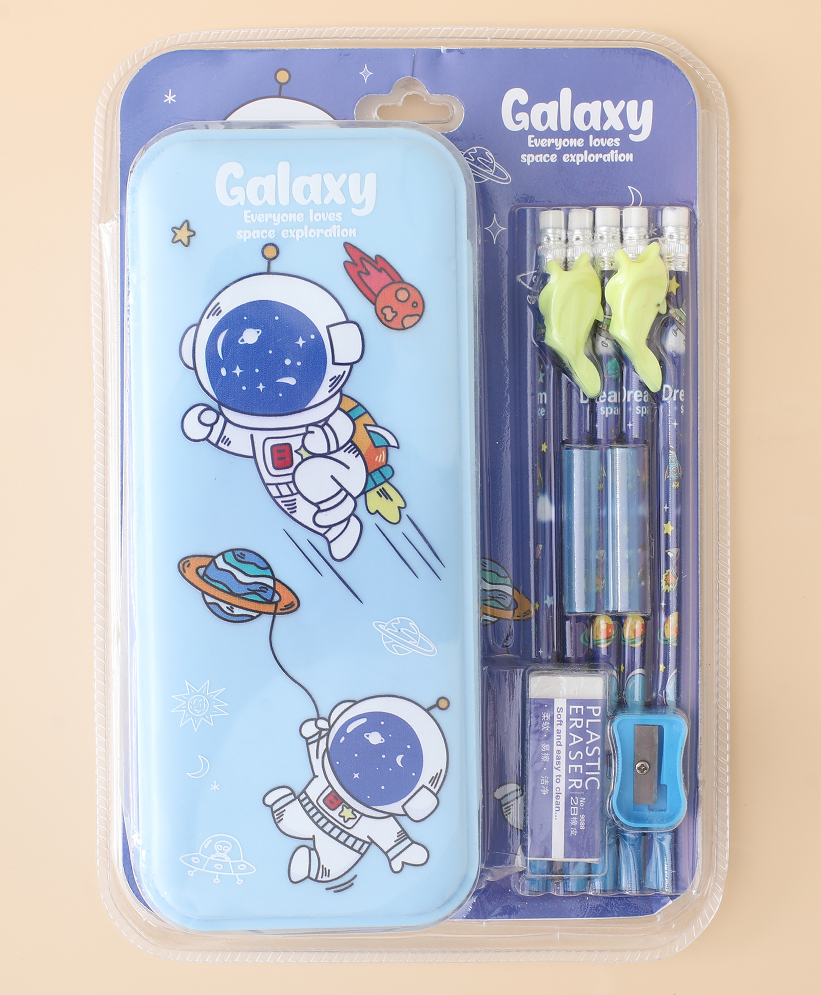 Galaxy Space Theme Pencil Box & School Stationery Set 12 Pcs - Blue| Pencil Box, Pencils with Eraser, Pencil Grips, Pencil Caps, Eraser & Sharpener| School Essentials for Boys & Girls-image-16