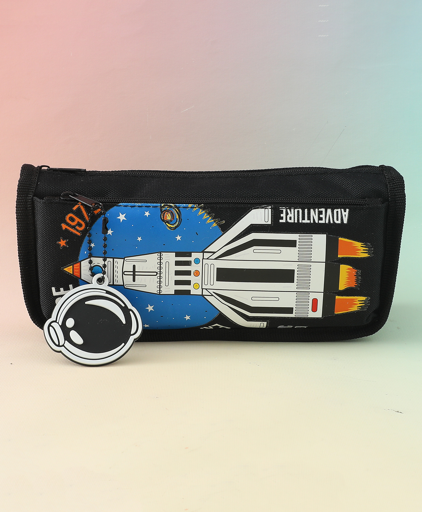 Space Rocket Pencil Case for Kids Black| Polyester School Pencil Pouch with Front Pocket & Astronaut Charm | Durable Stationery Organizer for Boys & Girls-image-18