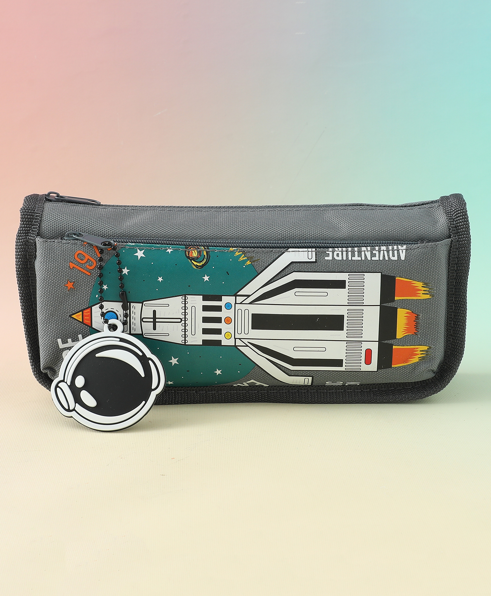 Space Rocket Pencil Case for Kids Grey| Polyester School Pencil Pouch with Front Pocket & Astronaut Charm | Durable Stationery Organizer for Boys & Girls-image-47