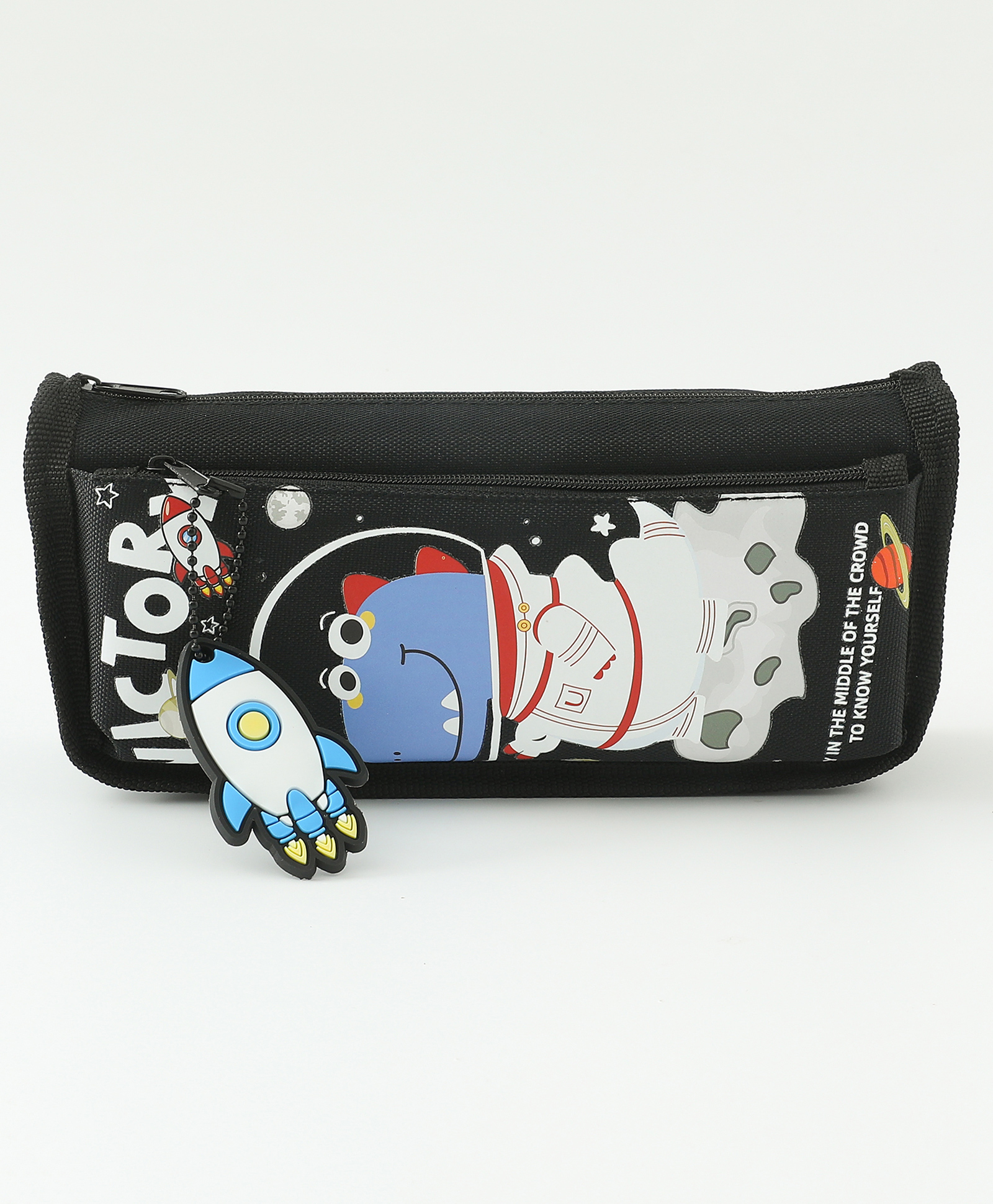 Astronaut Dino Pencil Case for Kids Black| Polyester School Pencil Pouch with Front Pocket & Rocket Charm | Durable Stationery Organizer for Boys & Girls-image-21
