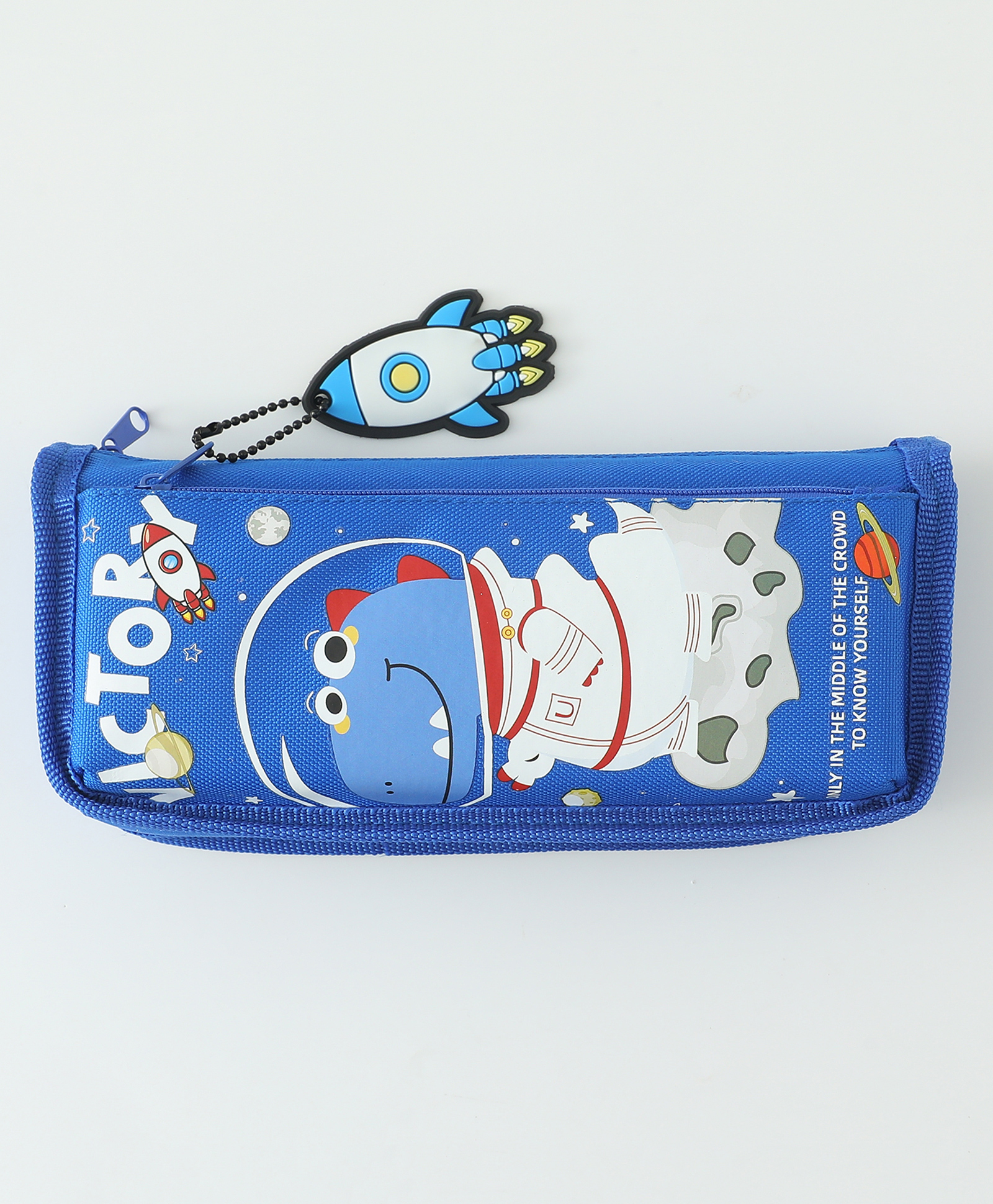Astronaut Dino Pencil Case for Kids Blue| Polyester School Pencil Pouch with Front Pocket & Rocket Charm | Durable Stationery Organizer for Boys & Girls-image-5