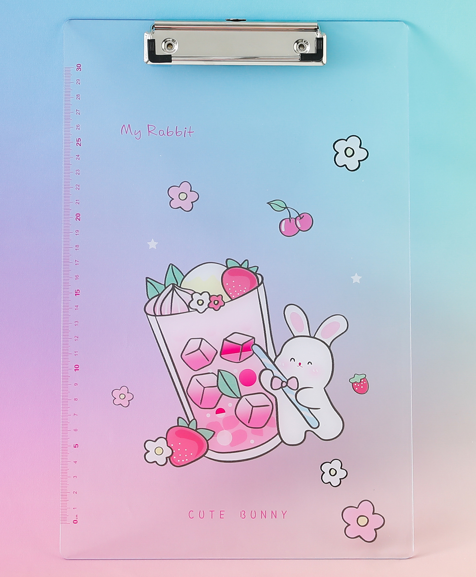 Cute Bunny Soft Drink Acrylic Exam Pad - Transparent| Length-31cm,Breath22cm| Durable Metal Clip| Perfect for School & Gifting for Boys & Girls-image-12
