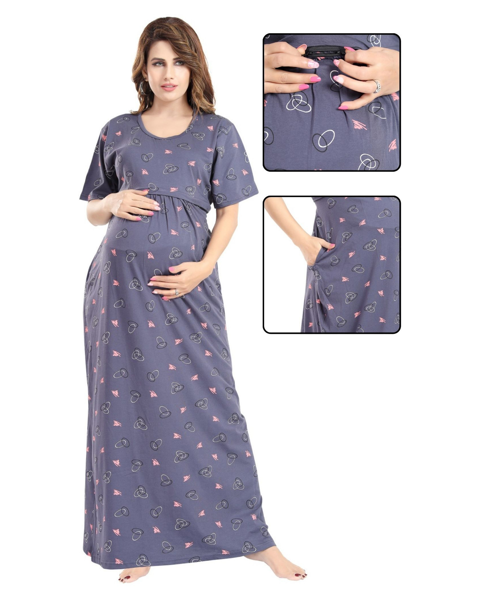 Fabme Sinker Knit Half Sleeves Geometric Printed Maternity Nighty With Horizontal Zipper Nursing Access - Grey-image-36
