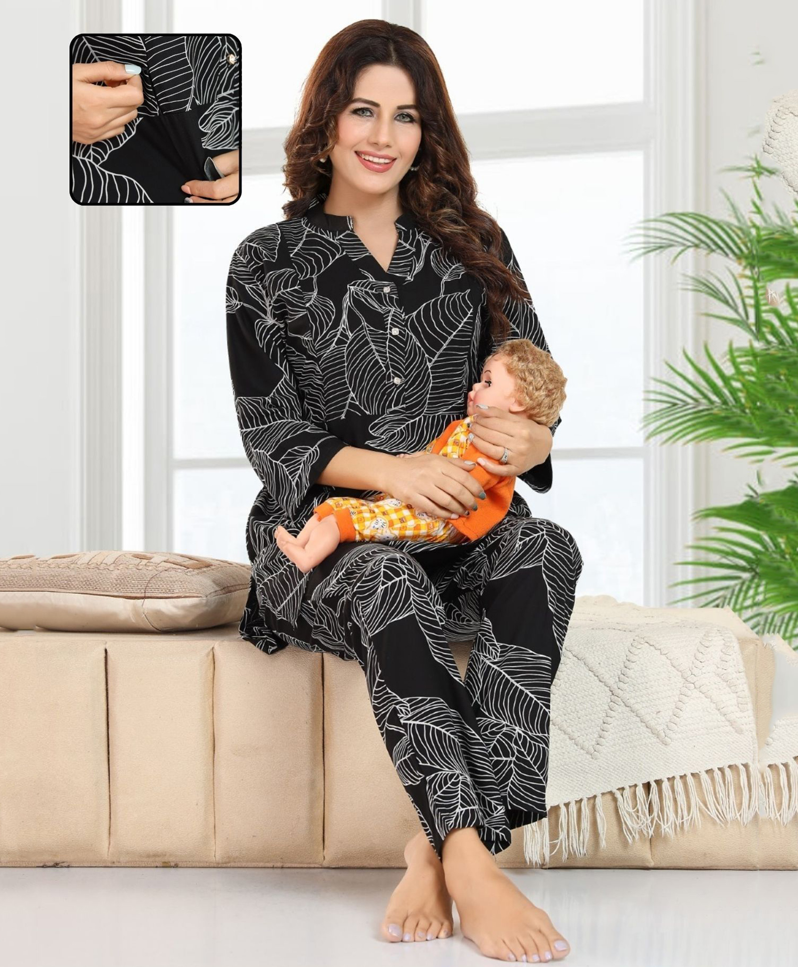 Fabme Rayon Knit Three Fourth Sleeves Leaves Printed Maternity Kurti With Side Seam Nursing Access & Coordinating Pant Set - Black-image-41