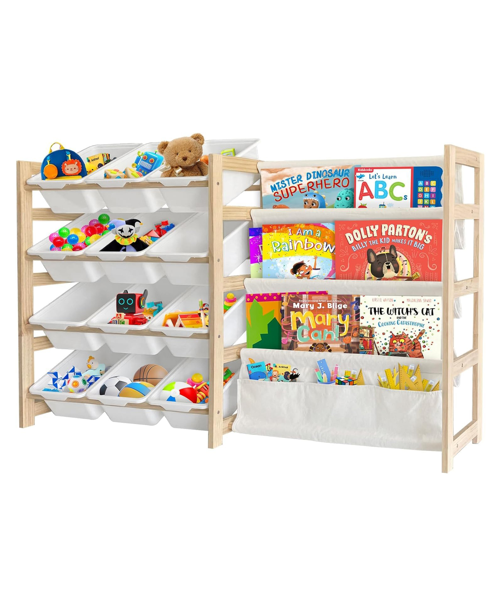 Homesmiths Toy Storage Organizer with Bookshelf - 12 Storage Bins 4-Tier Multipurpose Shelf to Organize Toys and Books for Kids Room, Playroom, Nursery Room, White-image-4
