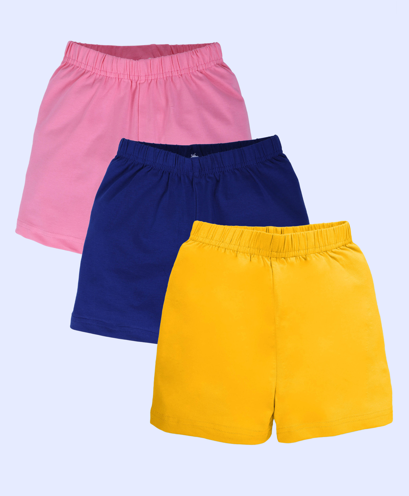 Kiddopanti Cotton Spandex Knit Pack of 3 Solid Cycling Shorts - Mustard Royal Blue & Baby Pink-image-1