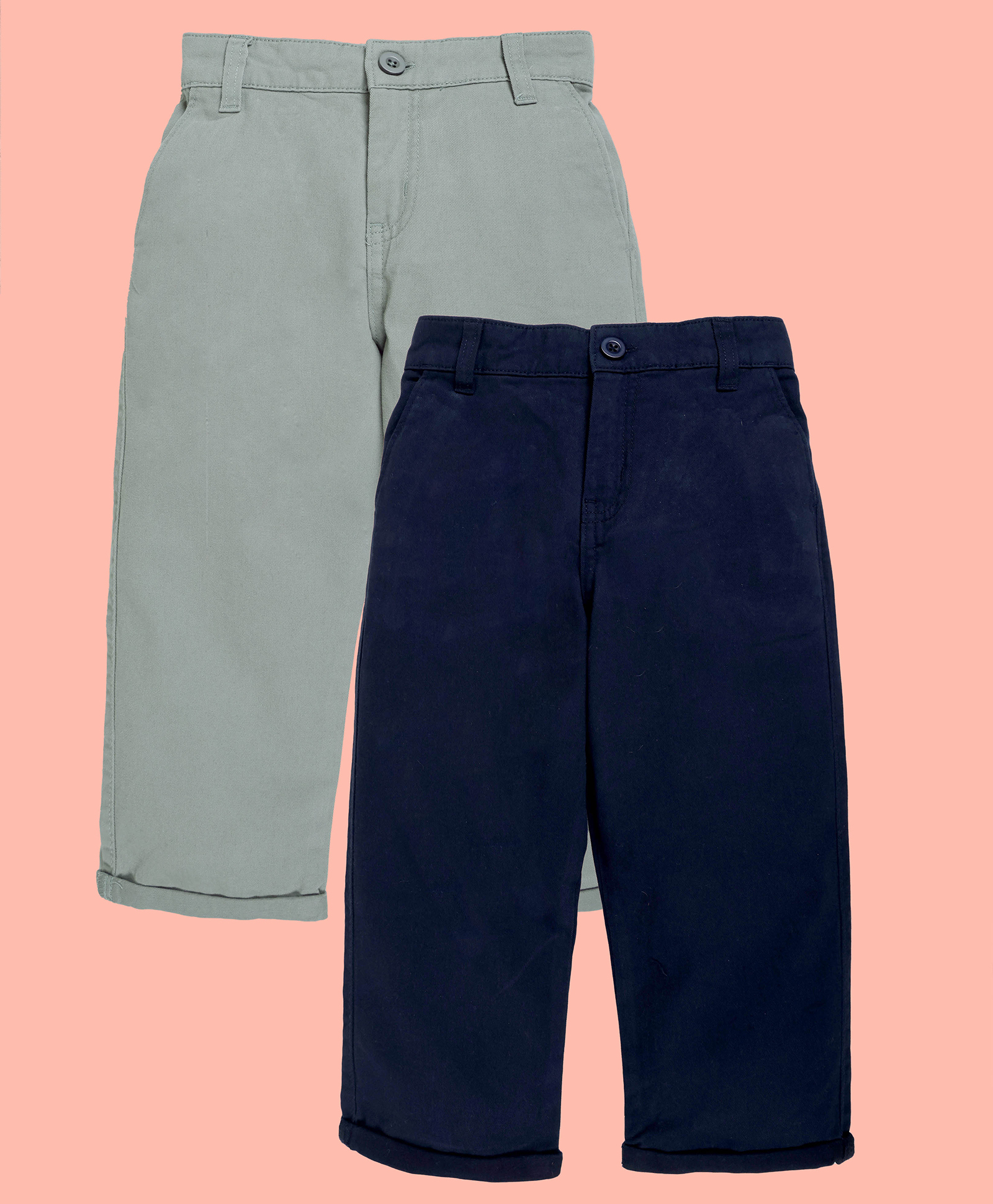 Kiddopanti Cotton Woven Pack of 2 Solid Chinos - Navy Blue & Light Green-picture-10