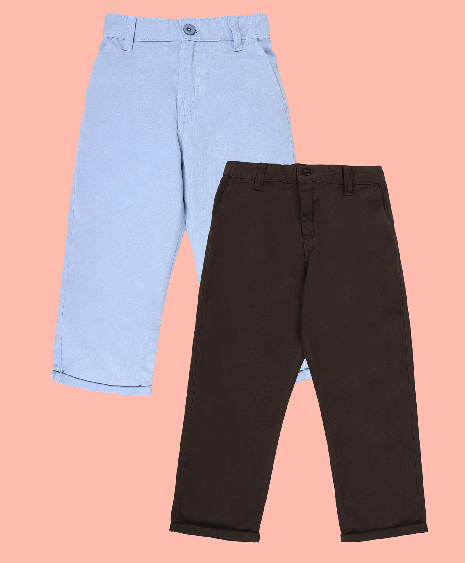 Kiddopanti Cotton Woven Pack of 2 Solid Chinos - Light Blue & Military Green-picture-23