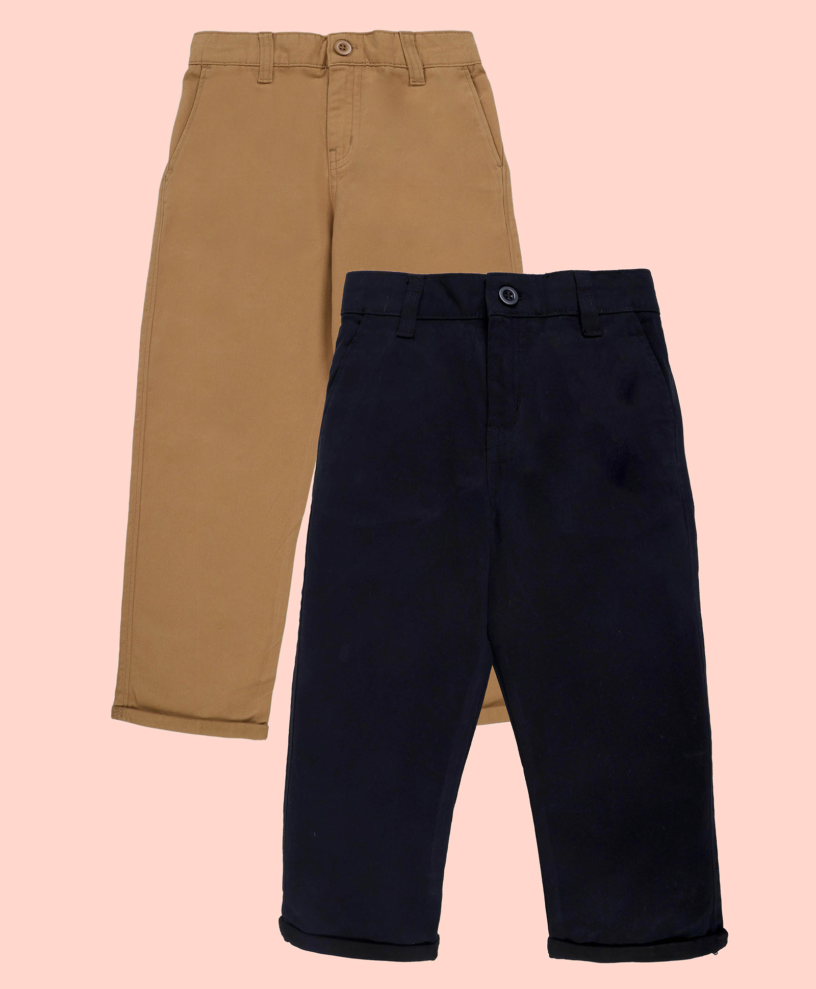 Kiddopanti Cotton Woven Pack of 2 Solid Chinos - Black & Light Brown-picture-20