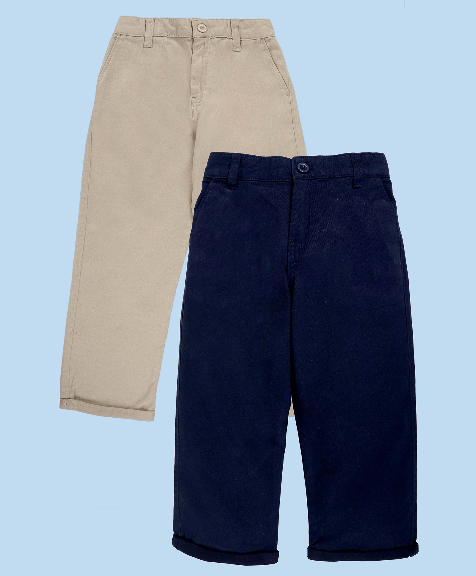 Kiddopanti Cotton Woven Pack of 2 Solid Chinos - Navy Blue & Beige-picture-10