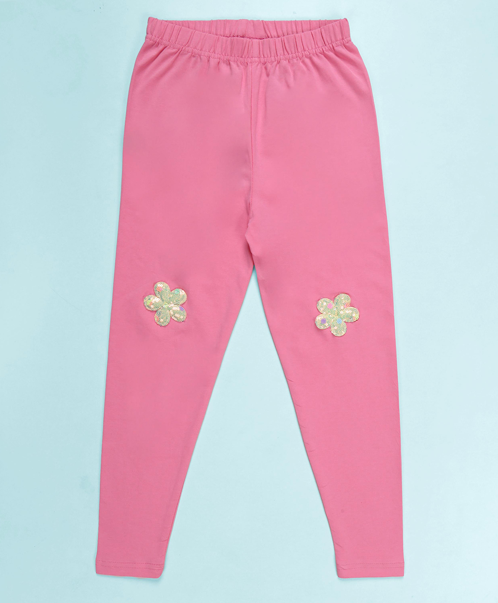 Kiddopanti Cotton Spandex Knit Sequin Flower Applique Applique Detailed Leggings - Pink-picture-16