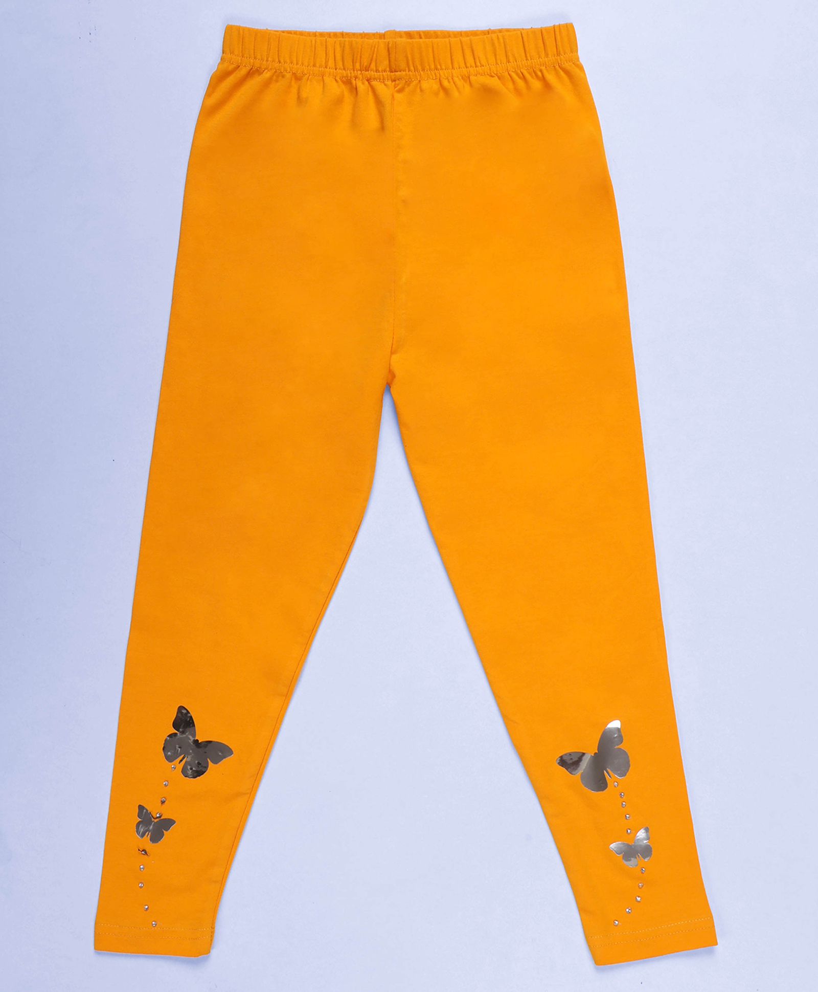 Kiddopanti Cotton Spandex Knit Butterfly Foil Printed & Rhinestones Embellished Leggings - Golden Yellow-picture-21