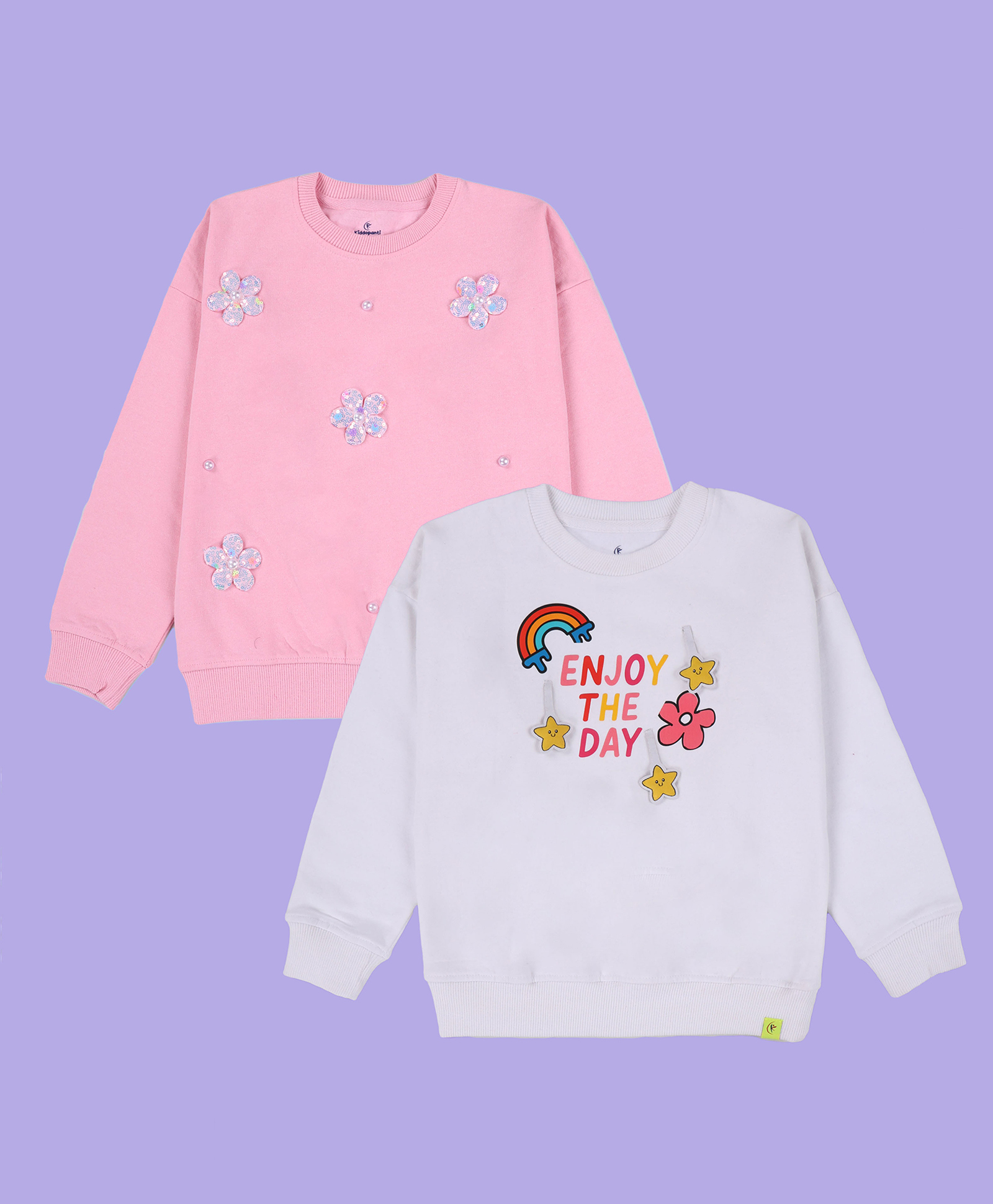 Kiddopanti Fleece Knit Pack Of 2 Full Sleeves Enjoy the Day Text Printed & Sequins Flower Applique Detailed Light Winter Sweatshirts - White & Baby Pink-image-34