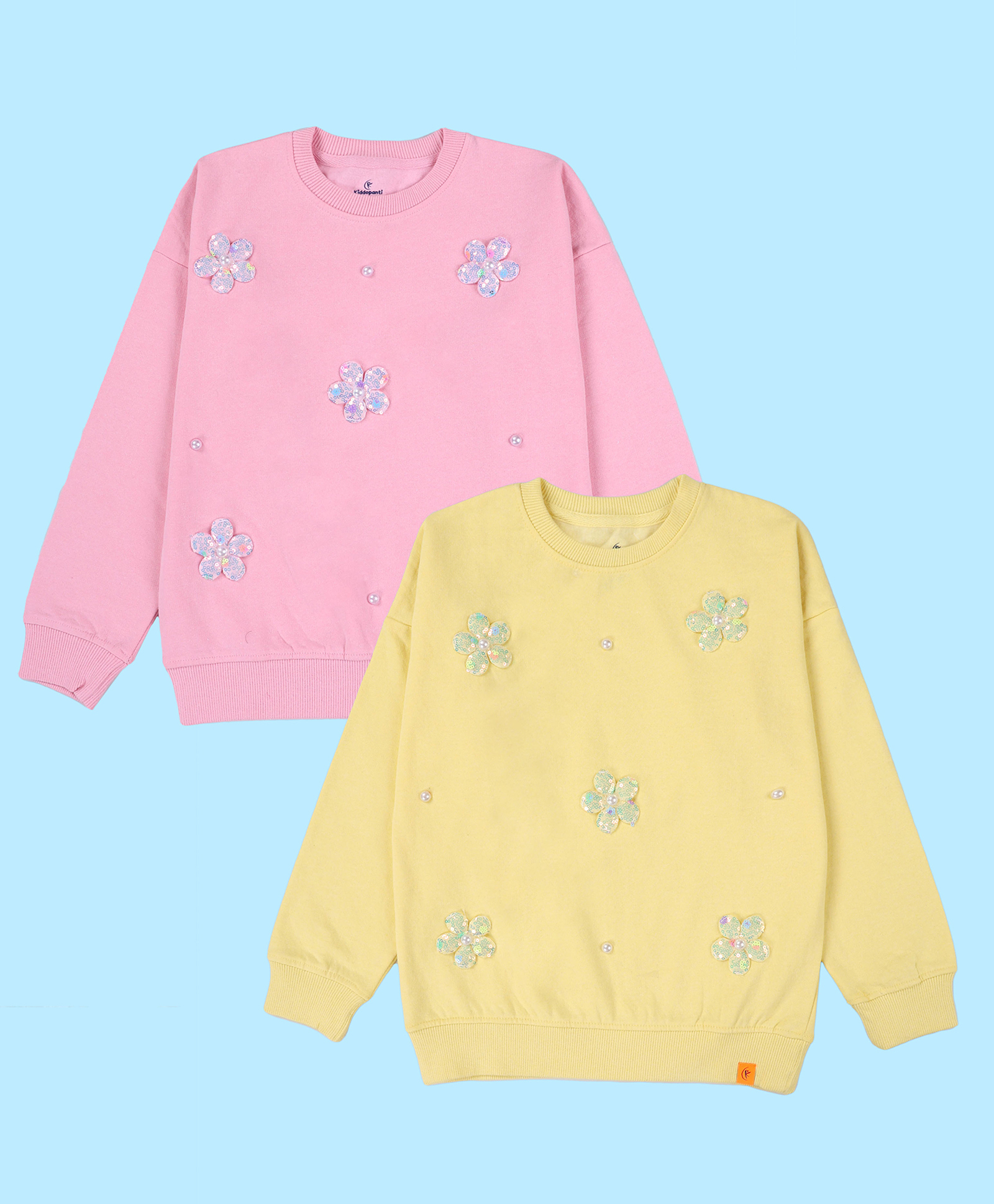 Kiddopanti Fleece Knit Pack Of 2 Full Sleeves Sequins Flower Applique Detailed Light Winter Sweatshirts - Pop Yellow & Coral Pink-picture-34
