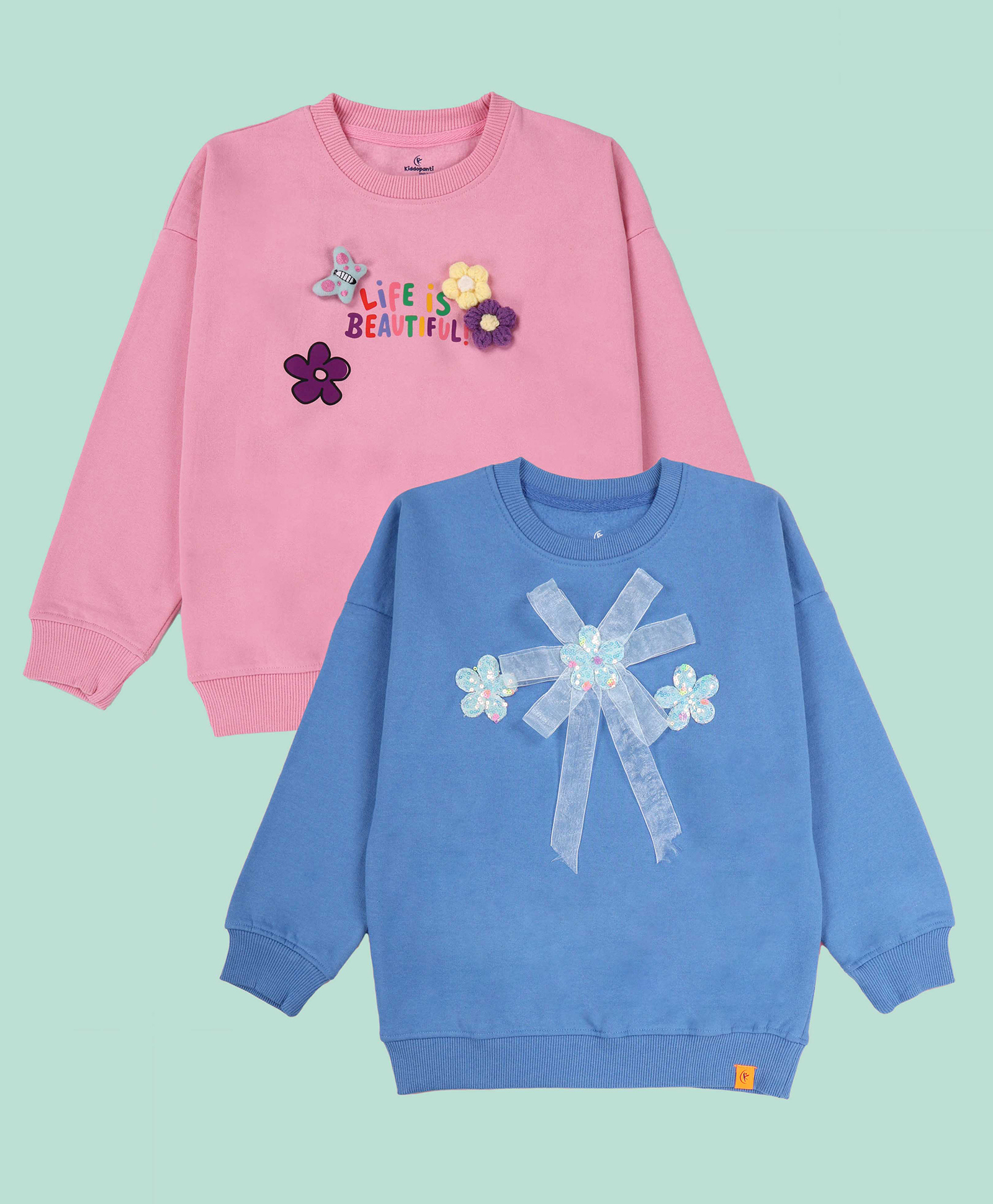 Kiddopanti Fleece Knit Pack Of 2 Full Sleeves Life Is Beautiful Text Printed & Flower Applique Detailed Light Winter Sweatshirts - Baby Pink & Dust Blue-picture-25