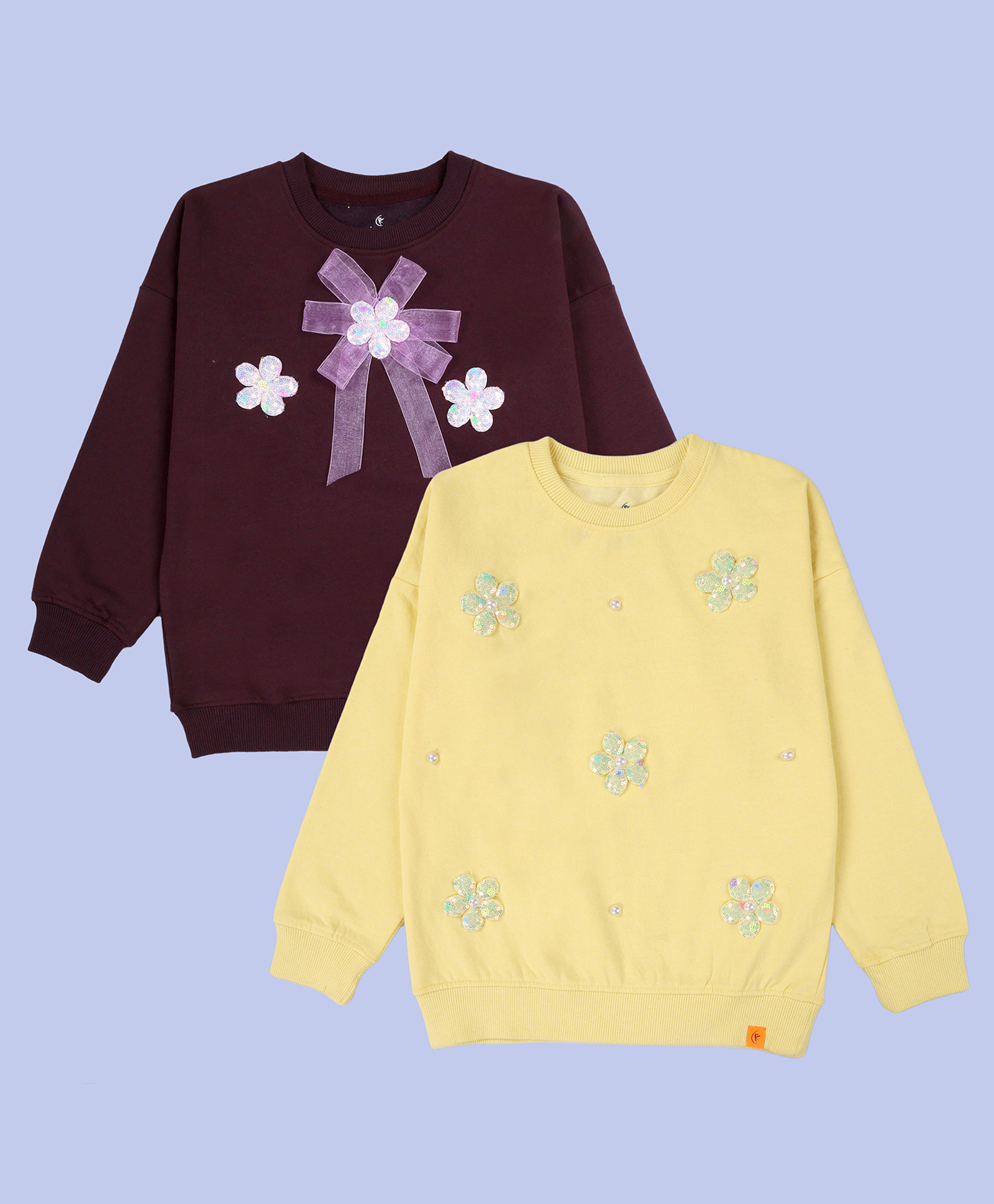 Kiddopanti Fleece Knit Pack Of 2 Full Sleeves Sequins Flower Badges Light Winter Sweatshirts - Wine & Pop Yellow-image-38