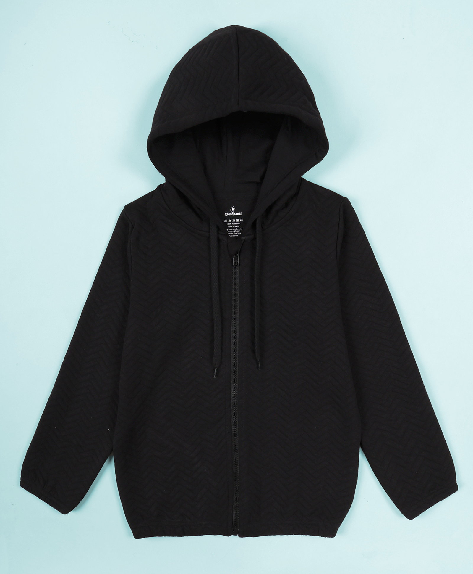 Kiddopanti Knit Full Sleeves Solid Quilted Hooded Jacket - Black-picture-17