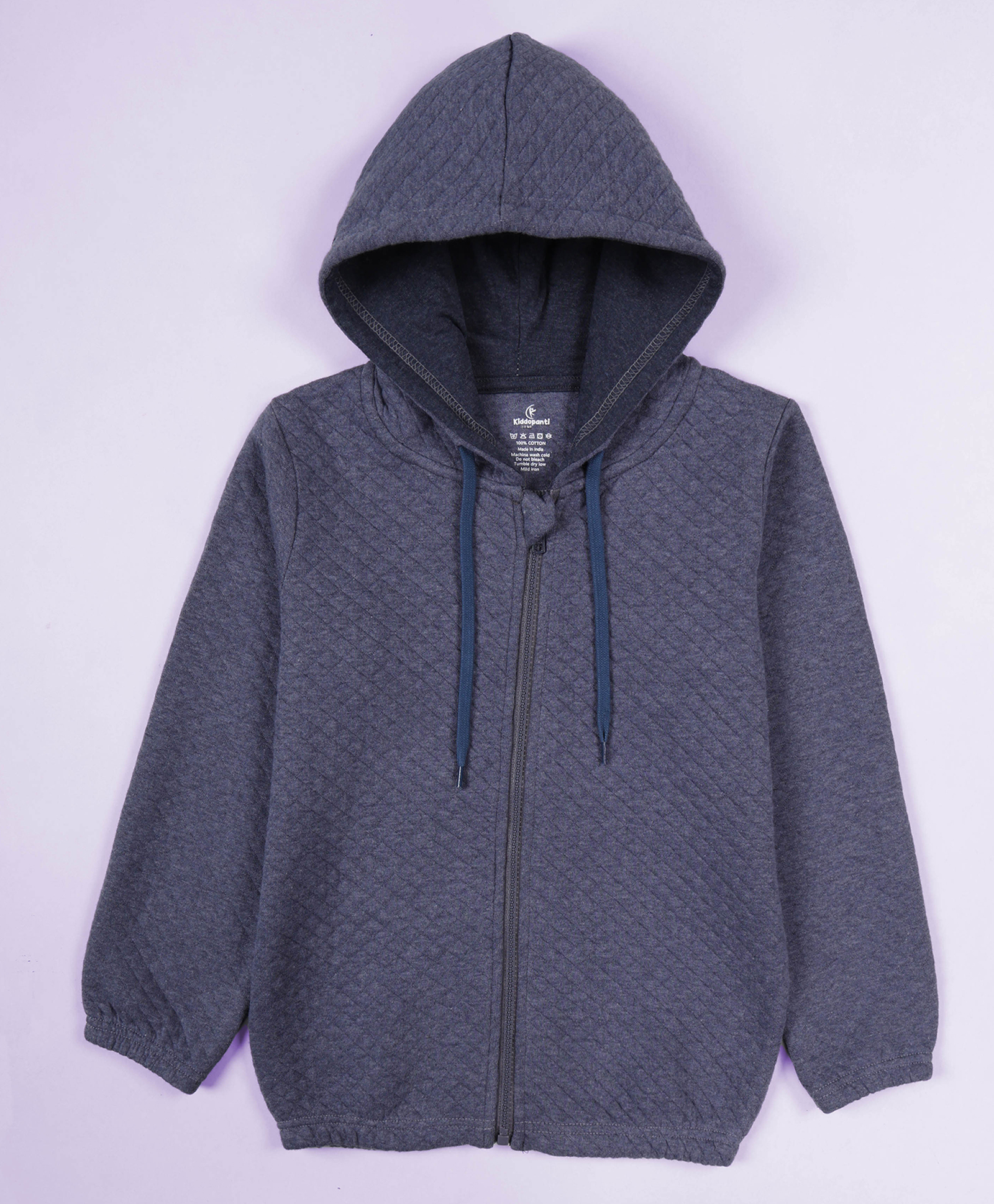 Kiddopanti Knit Full Sleeves Solid Quilted Hooded Jacket - Blue Melange-picture-14