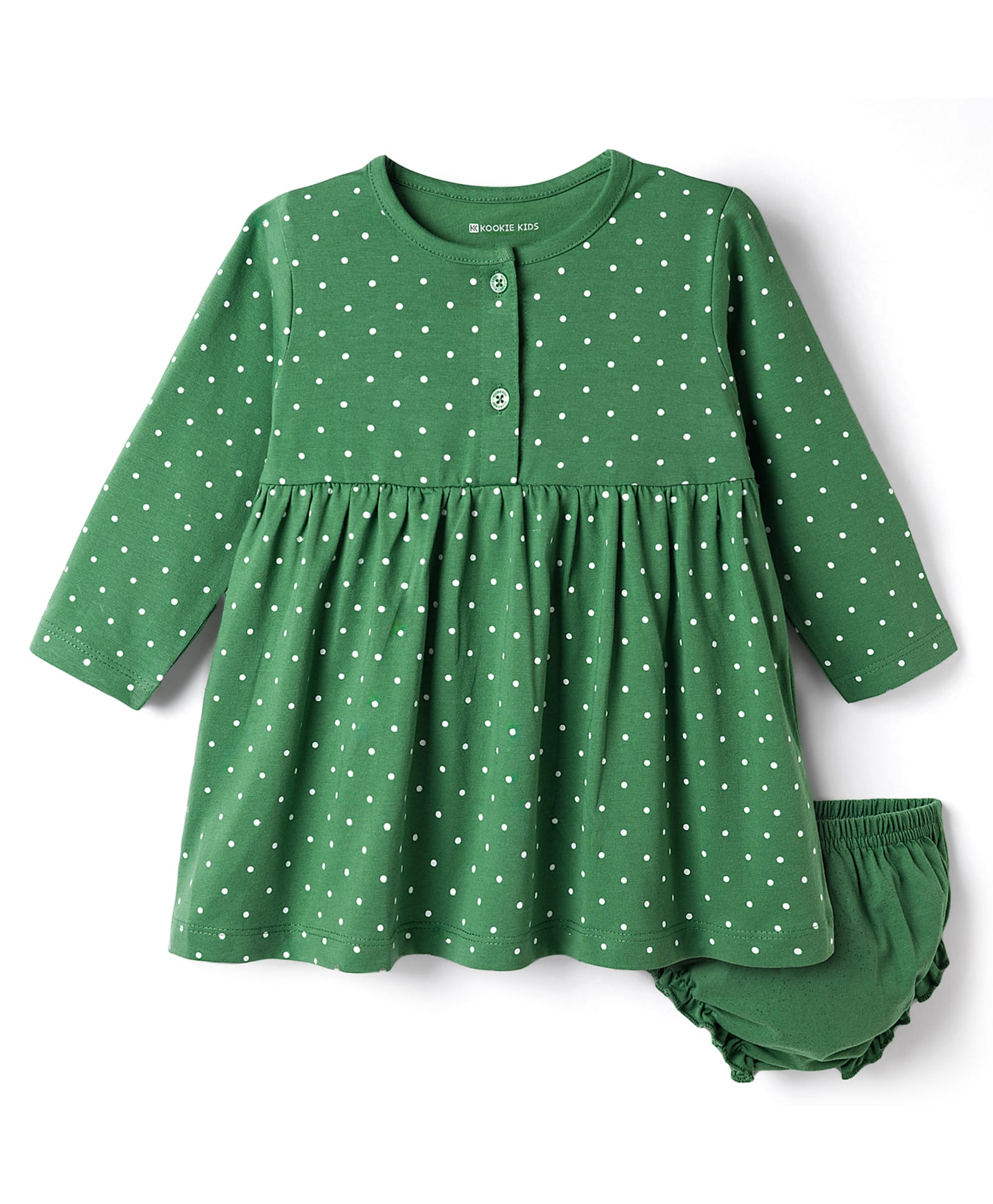 Kookie Kids Single Jersey Knit Full Sleeves Polka Dots Printed Frock with Bloomer - Olive Green-image-5
