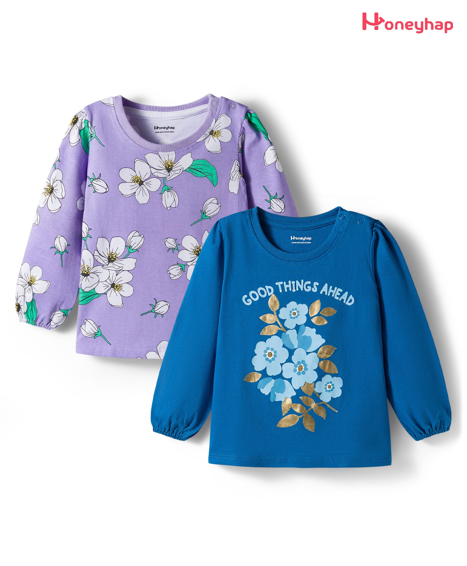 Honeyhap Premium 100% Cotton Knit Full Sleeves T-Shirts with Bio Wash & Floral Graphic Pack of 2 - Mykonos Blue Bright White & Lavender-image-1