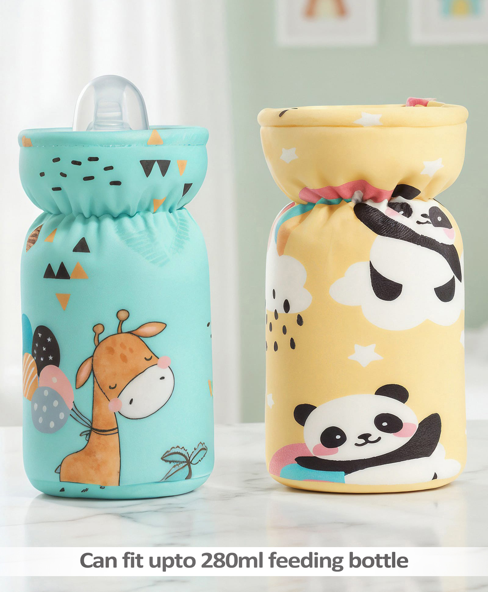 Babyhug Feeding Bottle Cover Large Pack of 2 - Giraffe & Panda Print - Green & Beige| Fits Upto 330 ml Bottle| Stylish Bottle Cover| New Born Boys & Girls| Elastic Neck & Carry Tag| Machine Washable