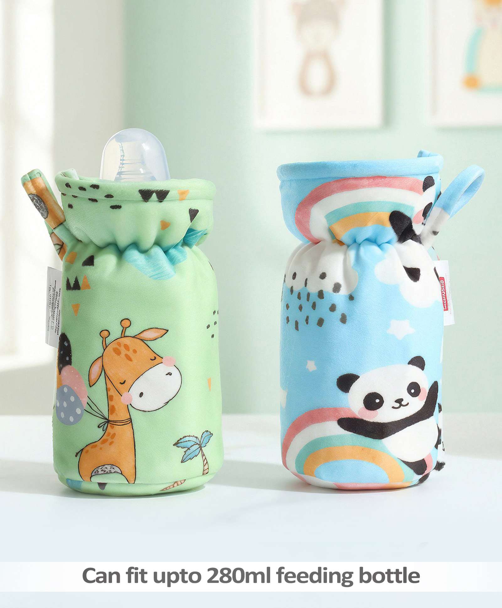 Babyhug Feeding Bottle Cover Large Pack of 2 - Giraffe & Panda Print - Green & Blue| Fits Upto 330 ml Bottle| Stylish Bottle Cover| New Born Boys & Girls| Elastic Neck & Carry Tag| Machine Washable-image-29
