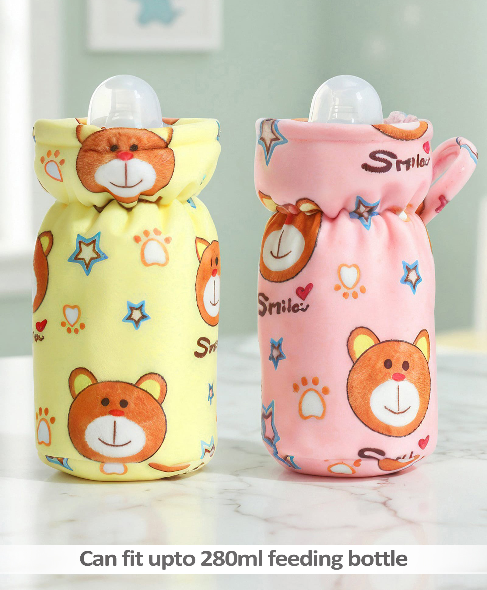 Babyhug Feeding Bottle Cover Large Pack of 2 - Bear Print - Pink & Yellow| Fits Upto 330 ml Bottle| Stylish Bottle Cover| New Born Boys & Girls| Elastic Neck & Carry Tag| Machine Washable-image-41