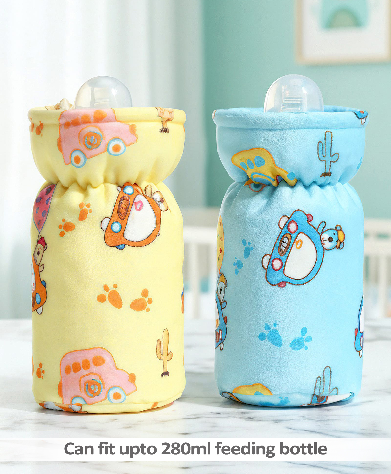 Babyhug Feeding Bottle Cover Large Pack of 2 - Car Print - Blue & Yellow| Fits upto 330 ml Bottle| Stylish Bottle Cover| New Born Boys & Girls| Elastic Neck & Carry Tag| Machine Washable-image-30