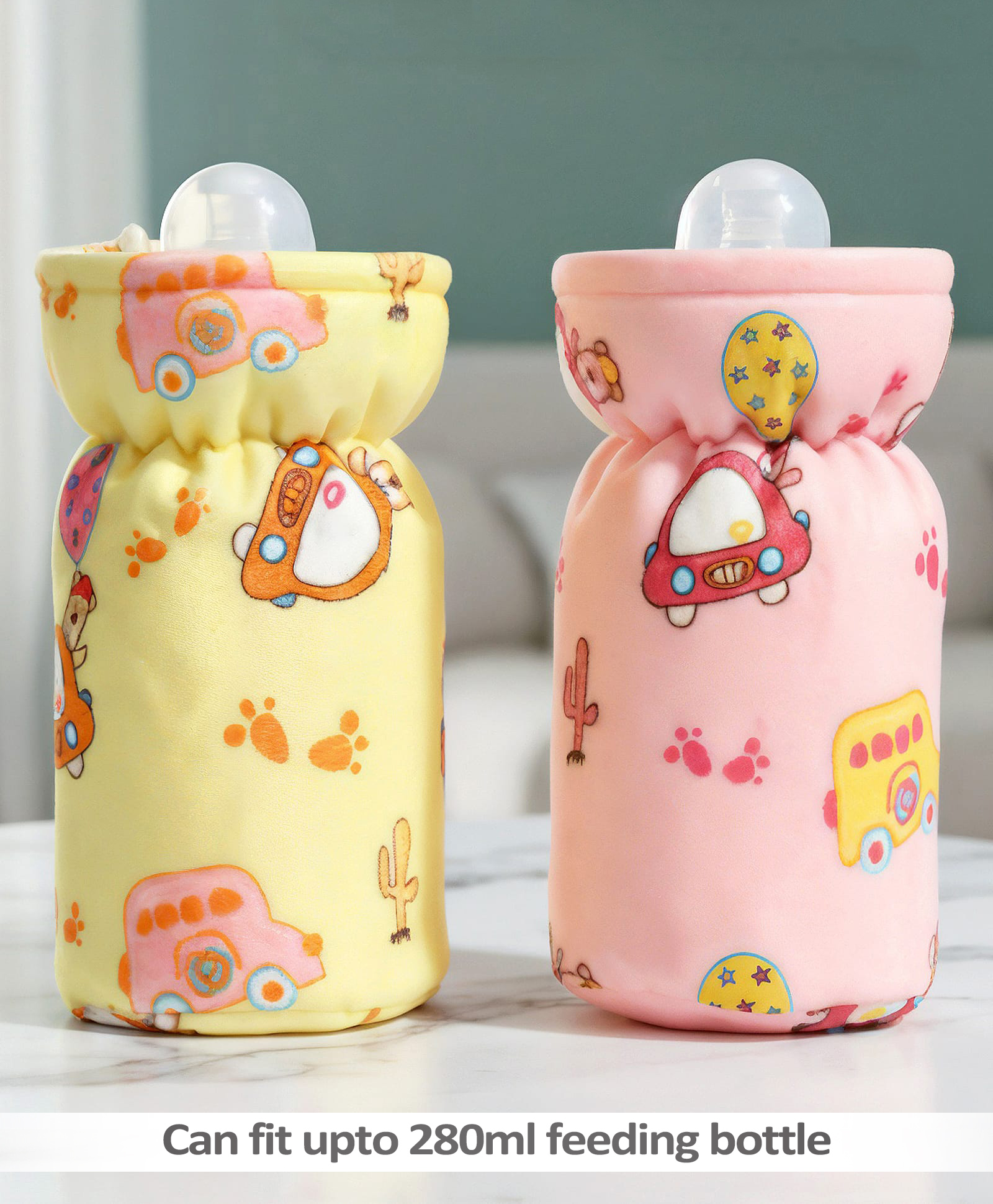 Babyhug Feeding Bottle Cover Large Pack of 2 - Car Print - Pink & Yellow| Fits Upto 330 ml Bottle| Stylish Bottle Cover| New Born Boys & Girls| Elastic Neck & Carry Tag| Machine Washable-image-31
