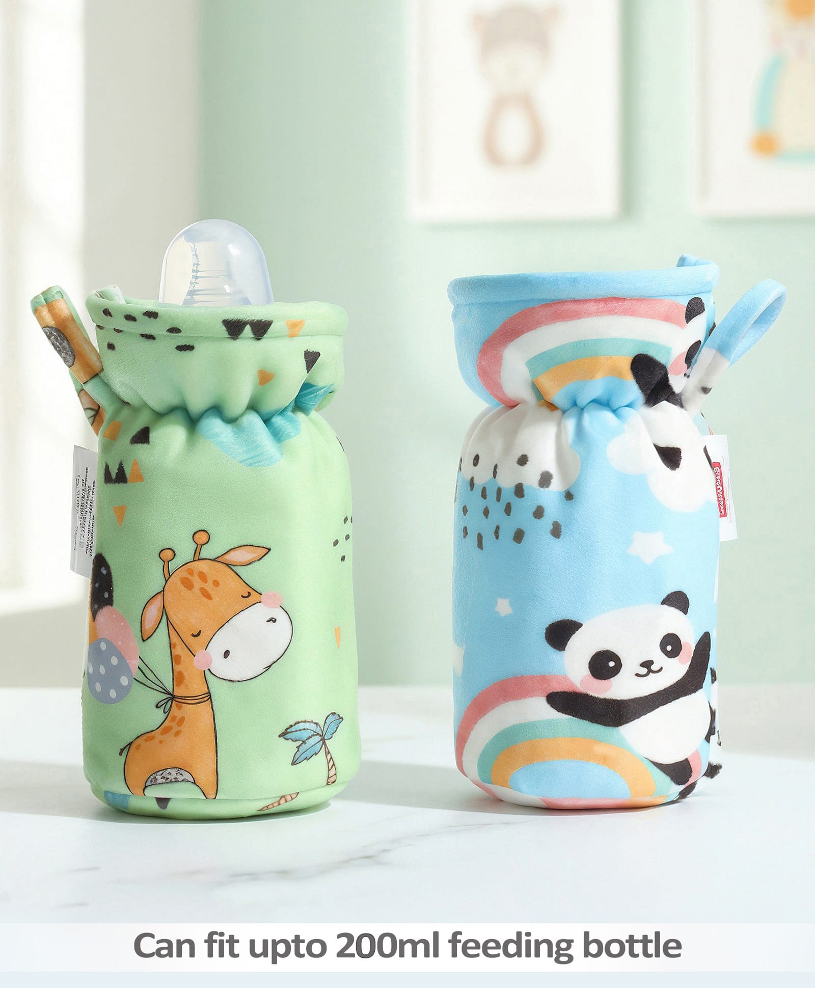 Babyhug Feeding Bottle Cover Large Pack of 2 - Panda & Giraffe Print-Blue & Green| Fits upto 330ml Bottle| Stylish Bottle Cover| New Born Boys & Girls| Elastic Neck & Carry Tag| Machine Washable-image-27