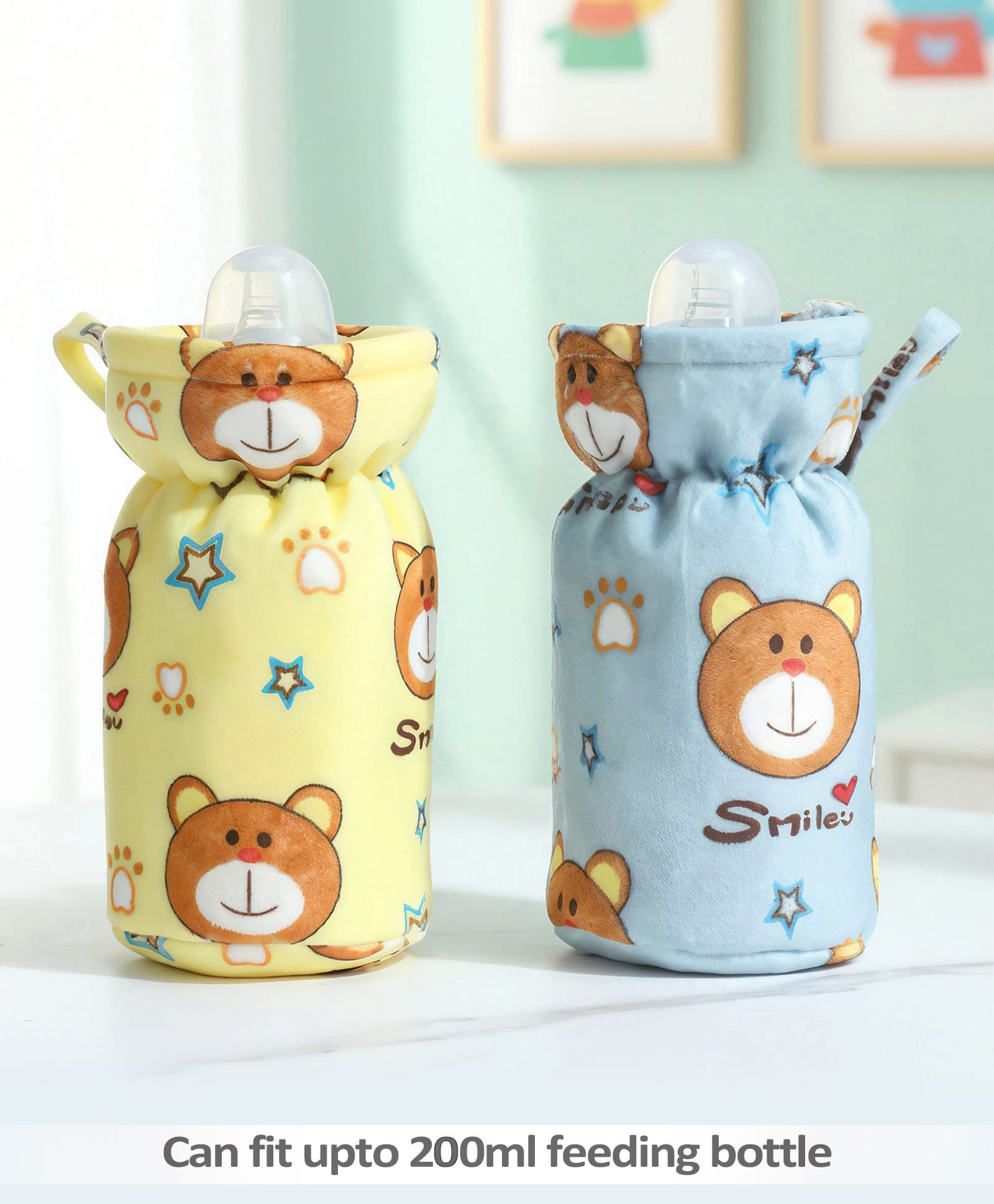 Babyhug Feeding Bottle Cover Large Pack of 2 - Panda & Giraffe Print-Blue & Yellow| Fits upto 330ml Bottle| Stylish Bottle Cover| New Born Boys & Girls| Elastic Neck & Carry Tag| Machine Washable-image-25