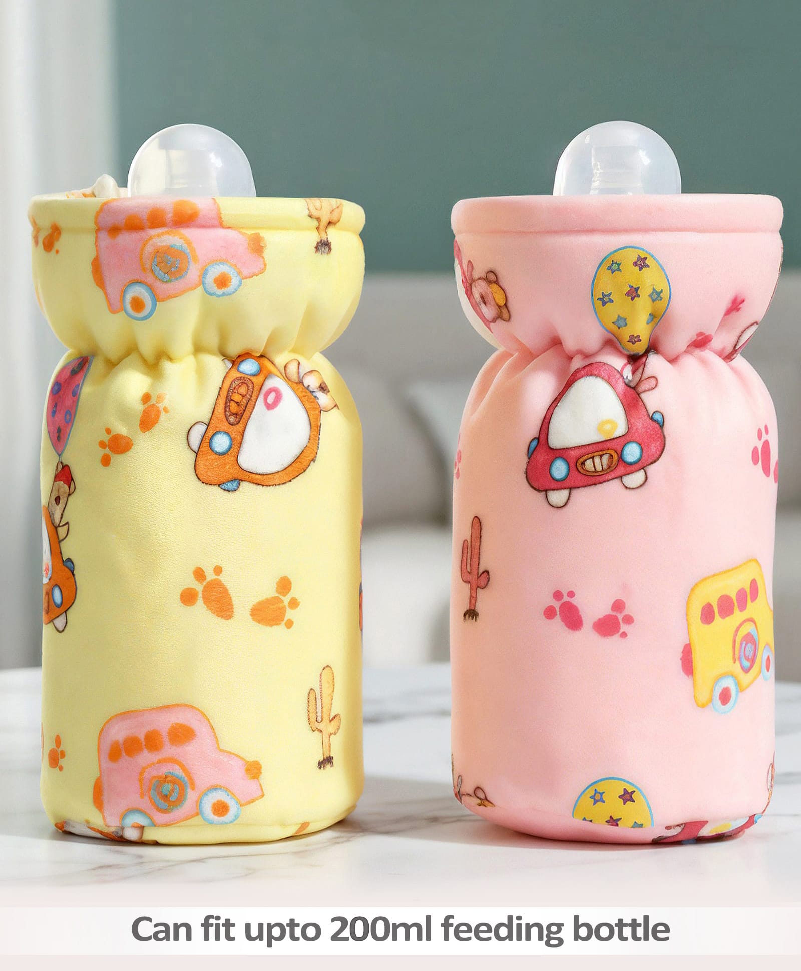 Babyhug Feeding Bottle Cover Medium Pack of 2 - Pink & Yellow| Fits upto 189ml Bottle| Stylish Bottle Cover| Cute Car Print| New Born Boys & Girls| Elastic Neck & Carry Tag| Machine Washable-image-42