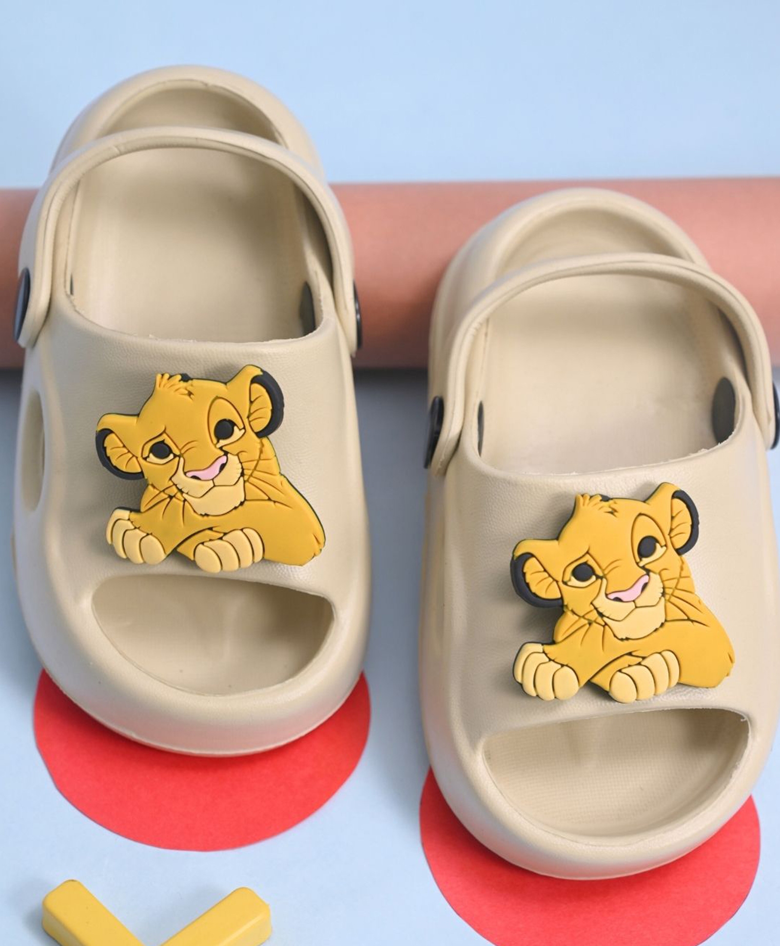 Yellow Bee Solid Back Sling Clogs With Disney Lion King Featuring Simba Character Rotating Charms - Beige