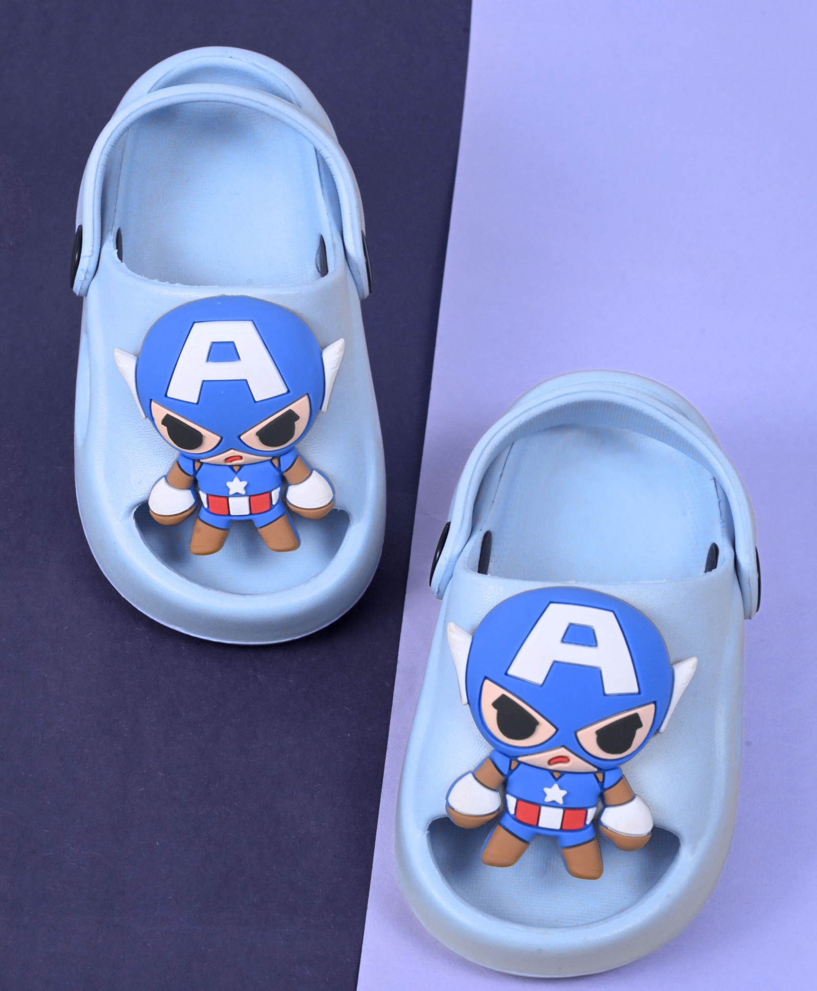 Yellow Bee Solid Back Sling Clogs With Marvel Featuring Captain America 3D Charms - Blue-picture-26