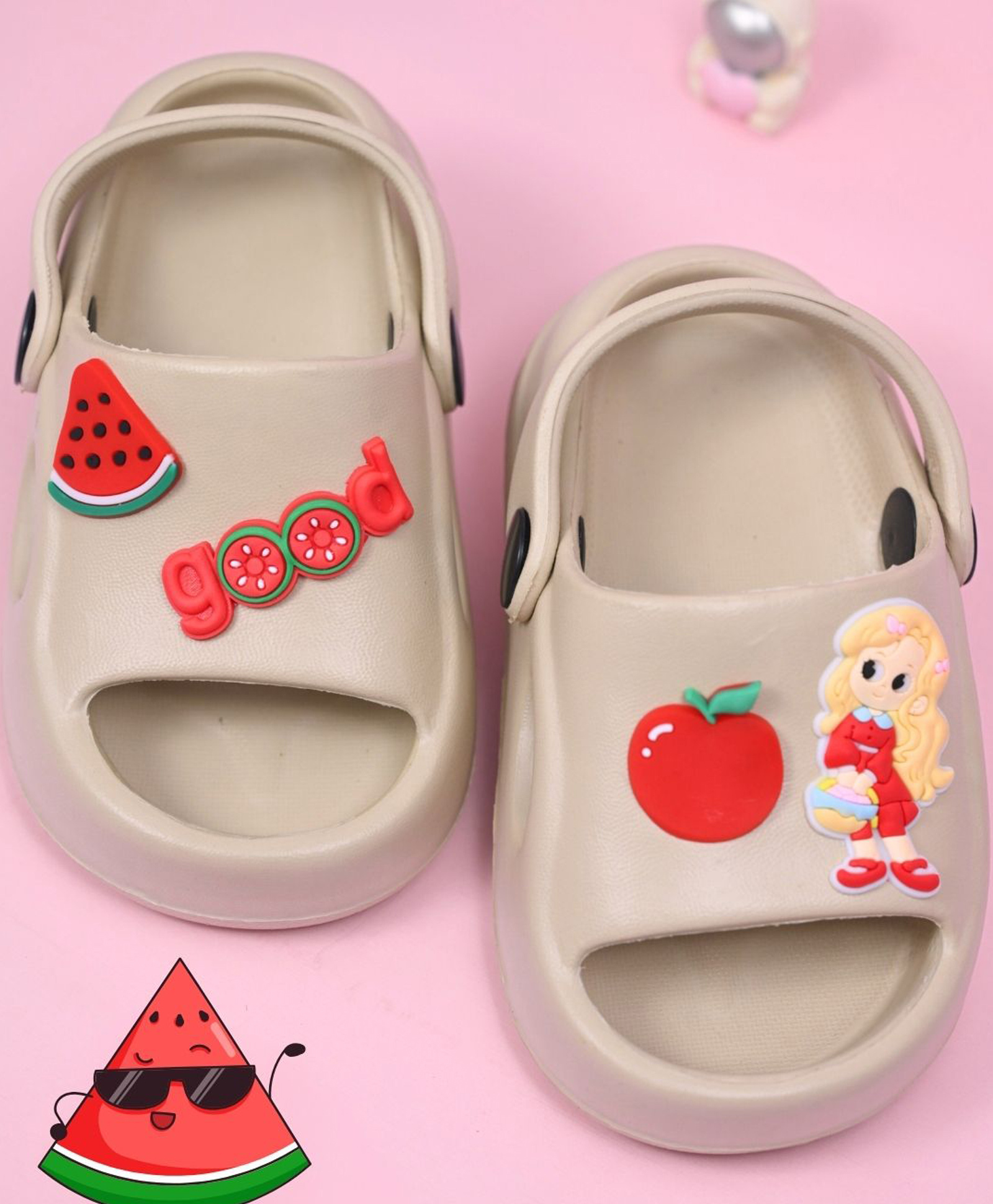 Yellow Bee Solid Slingback Fruits Applique Detailed Clogs - Beige-picture-11
