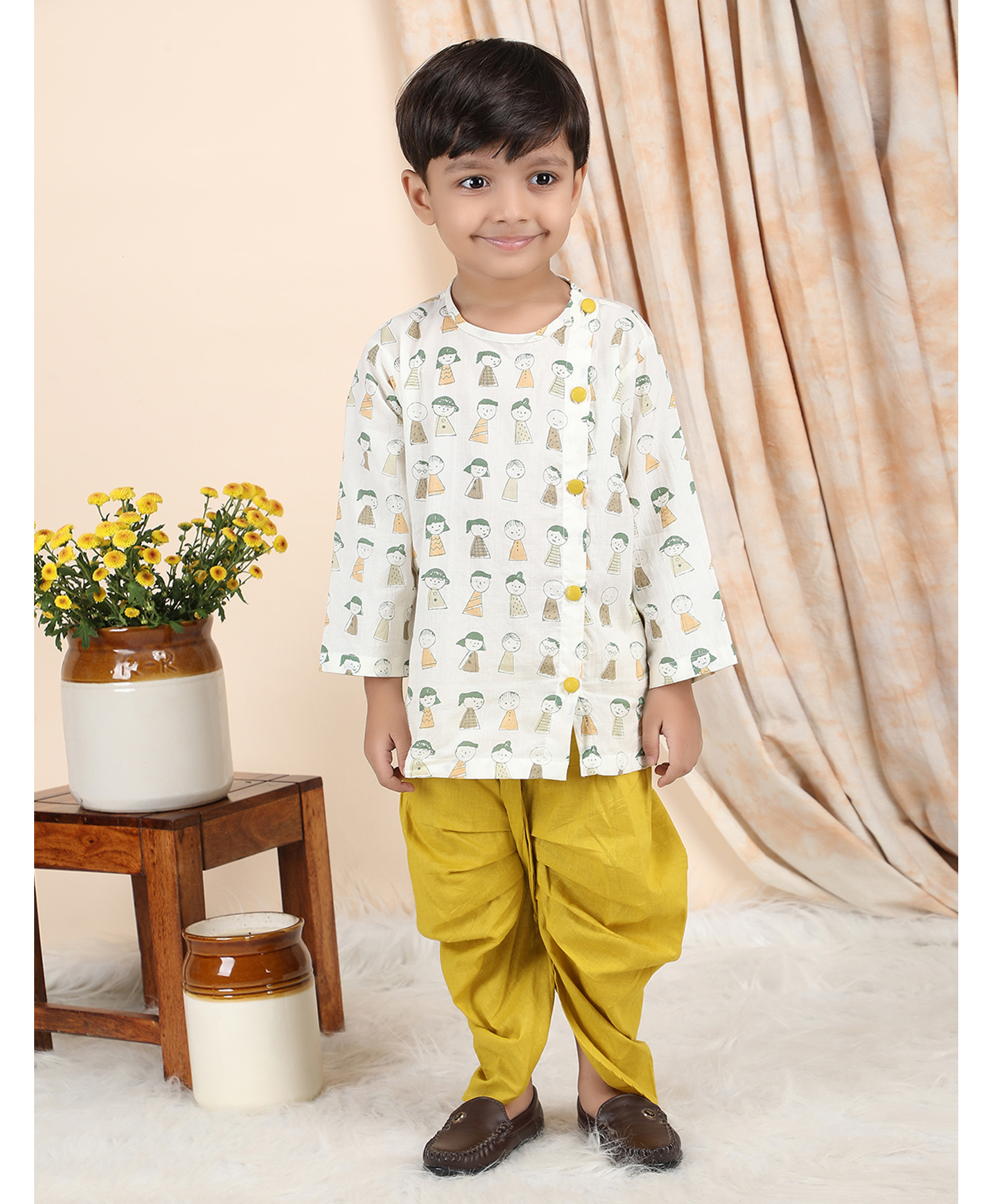 Polka Tots Cotton Woven Full Sleeves Characters Printed Angarkha Kurta With Dhoti Set - Yellow-picture-15