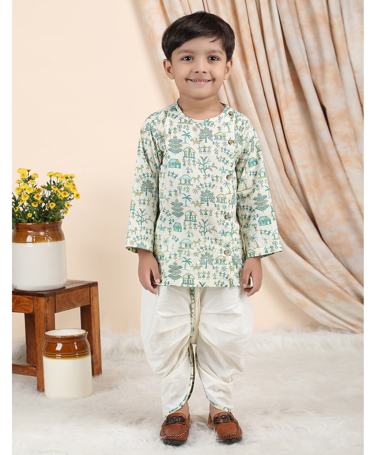 Polka Tots Cotton Woven Full Sleeves Floral Printed Angarkha Kurta With Dhoti Set - Cream-picture-32