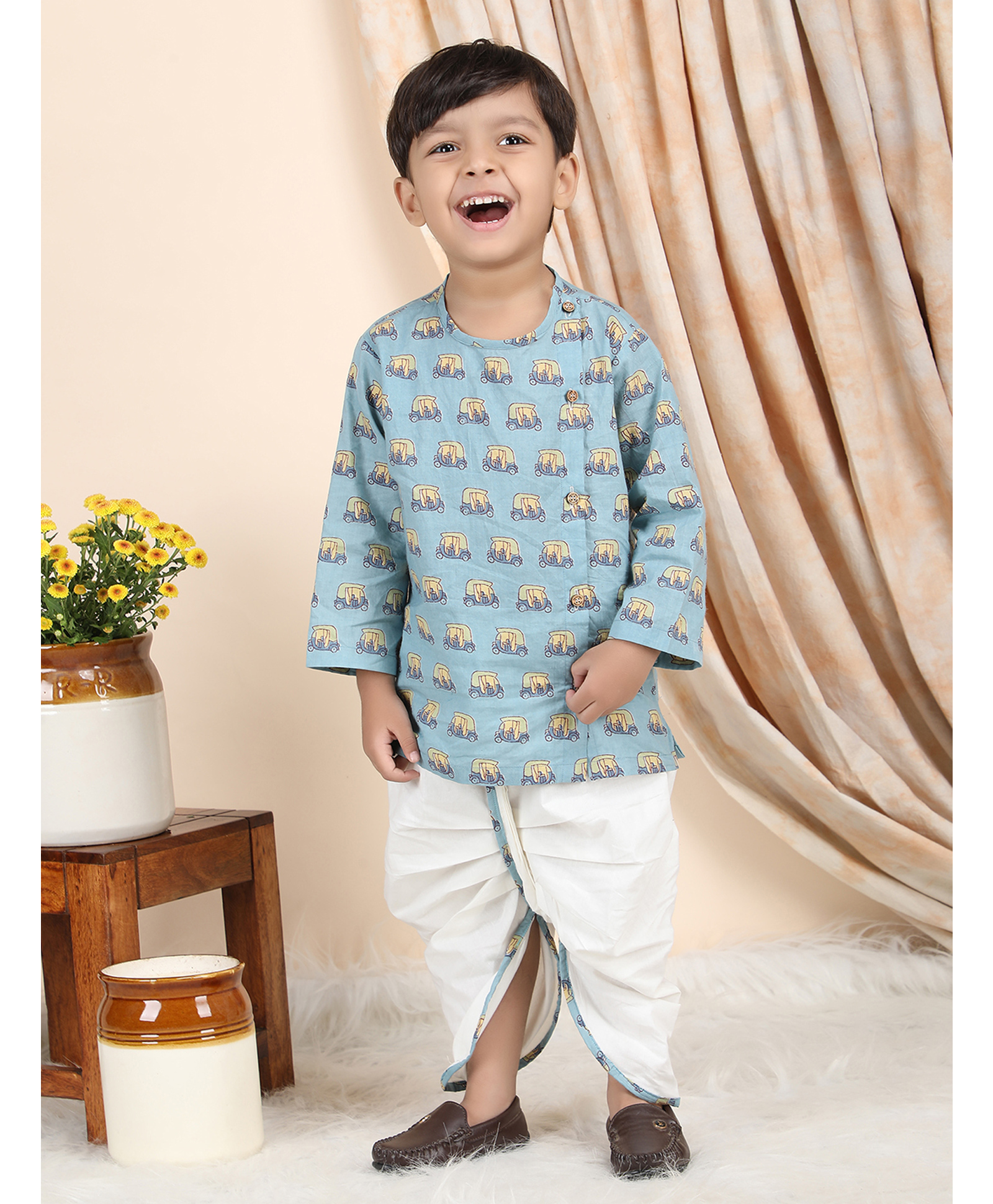 Polka Tots Cotton Woven Full Sleeves Auto Rickshaw Printed Angarkha Kurta With Dhoti Set - Blue-picture-23