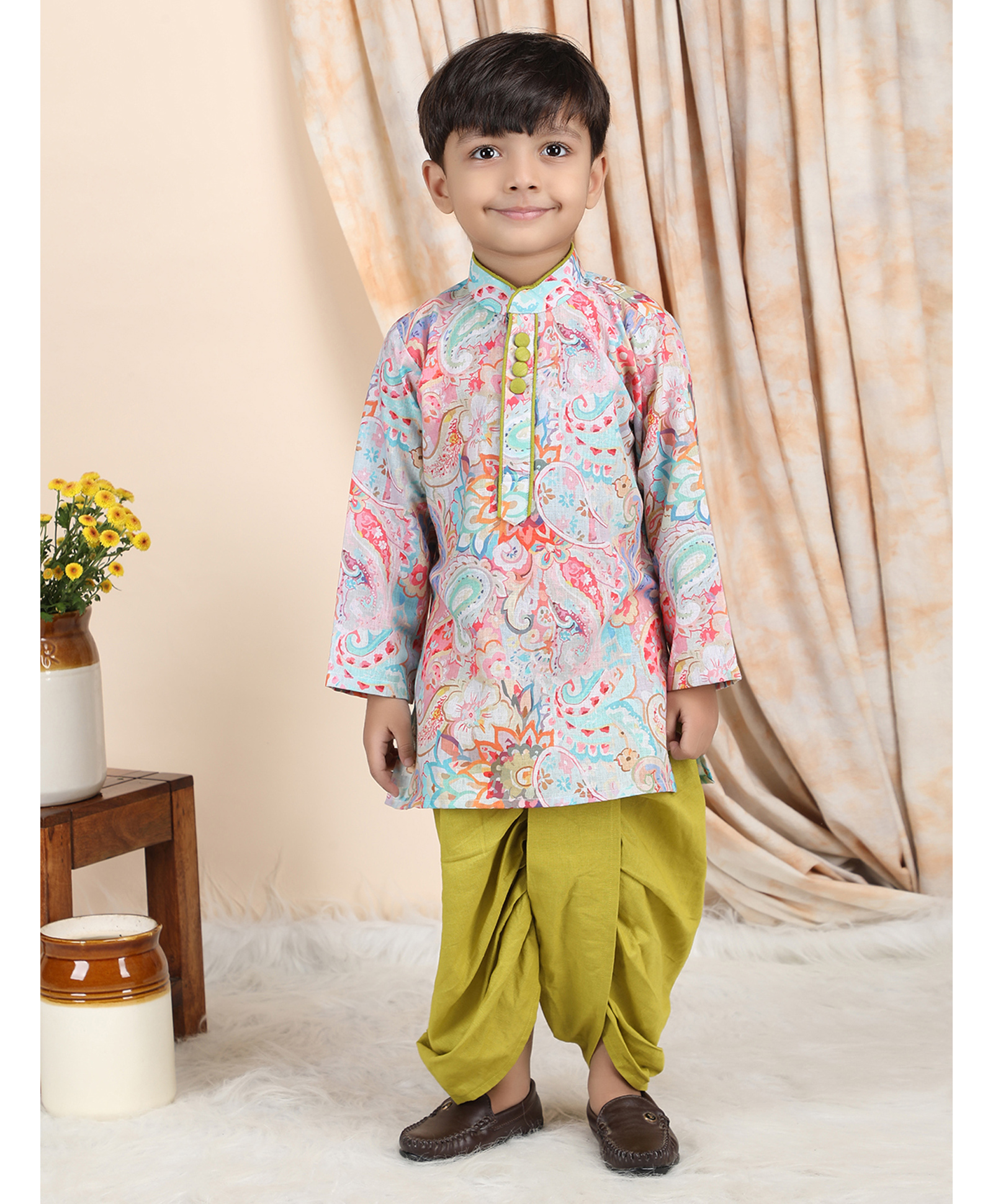 Polka Tots Cotton Woven Full Sleeves Ethnic Printed Kurta With Dhoti Set - Multi Color-picture-39