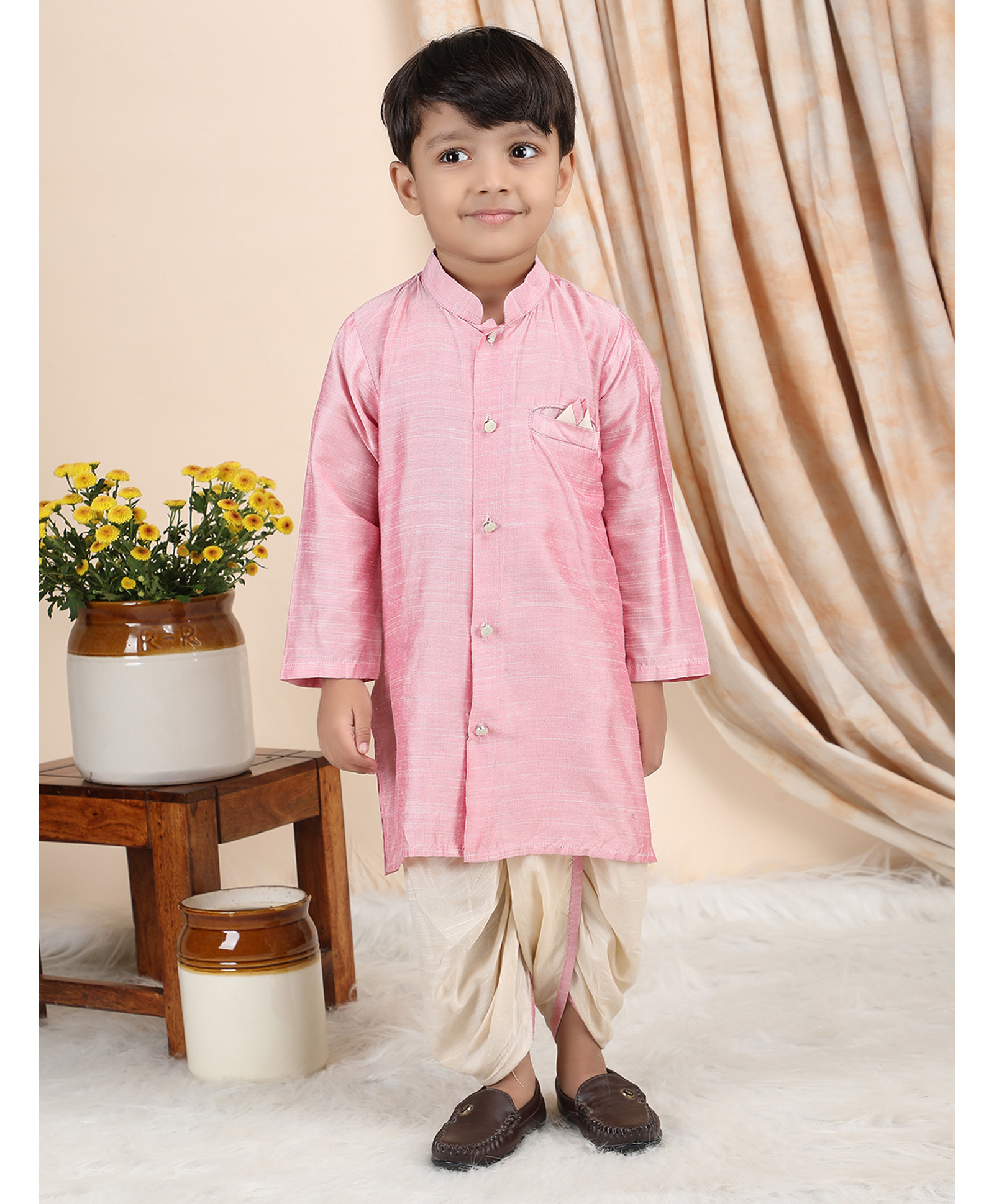 Polka Tots Cotton Woven Full Sleeves Solid Dhoti Kurta Set - Pink-picture-36