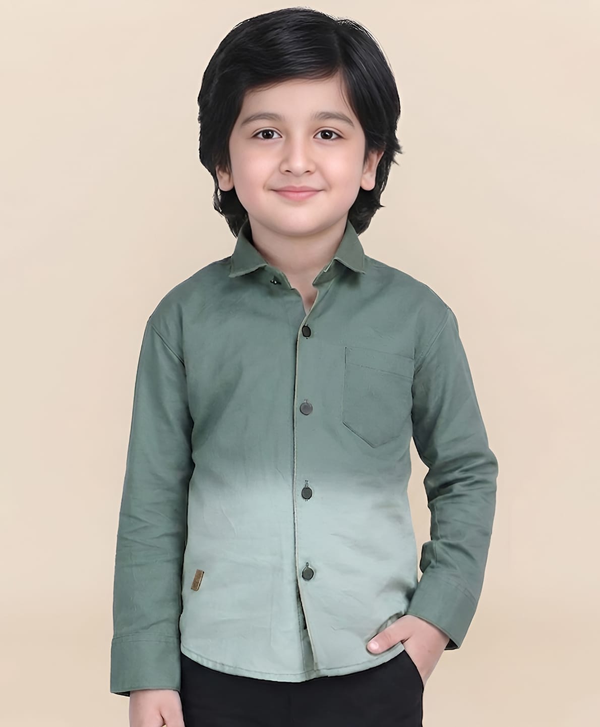 Polka Tots Cotton Woven Full Sleeves Ombre Shirt - Green-picture-12