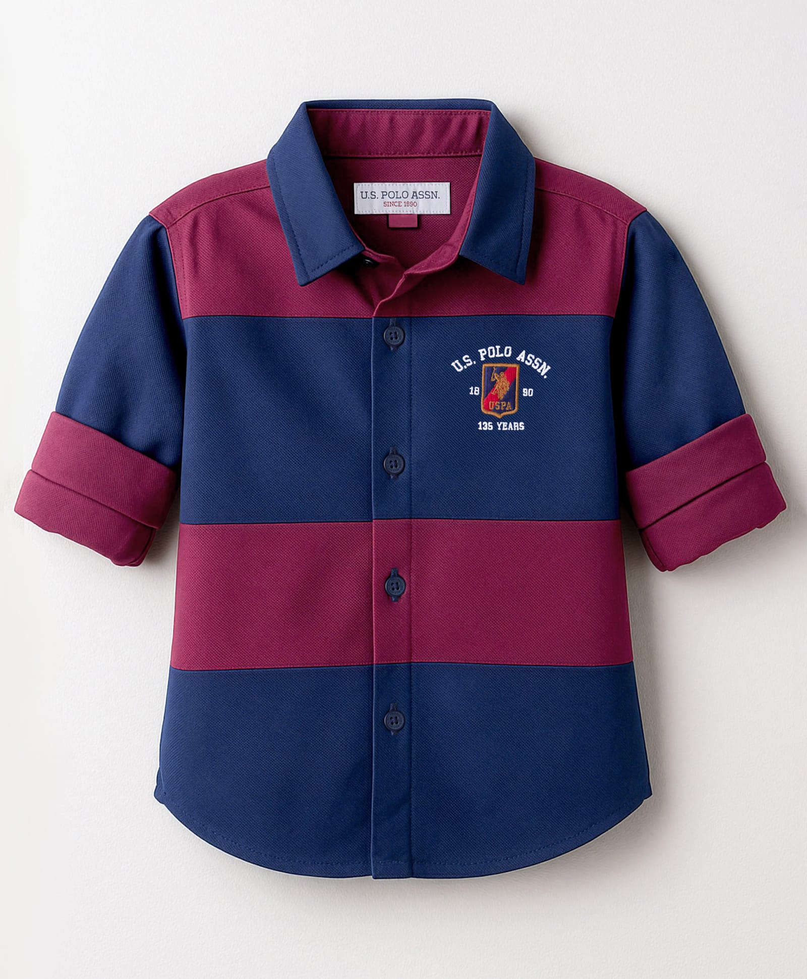 US Polo Assn Cotton Woven Full Sleeves Oxford Color Block Brand Embroidery Shirt - Navy Blue & Red-image-17