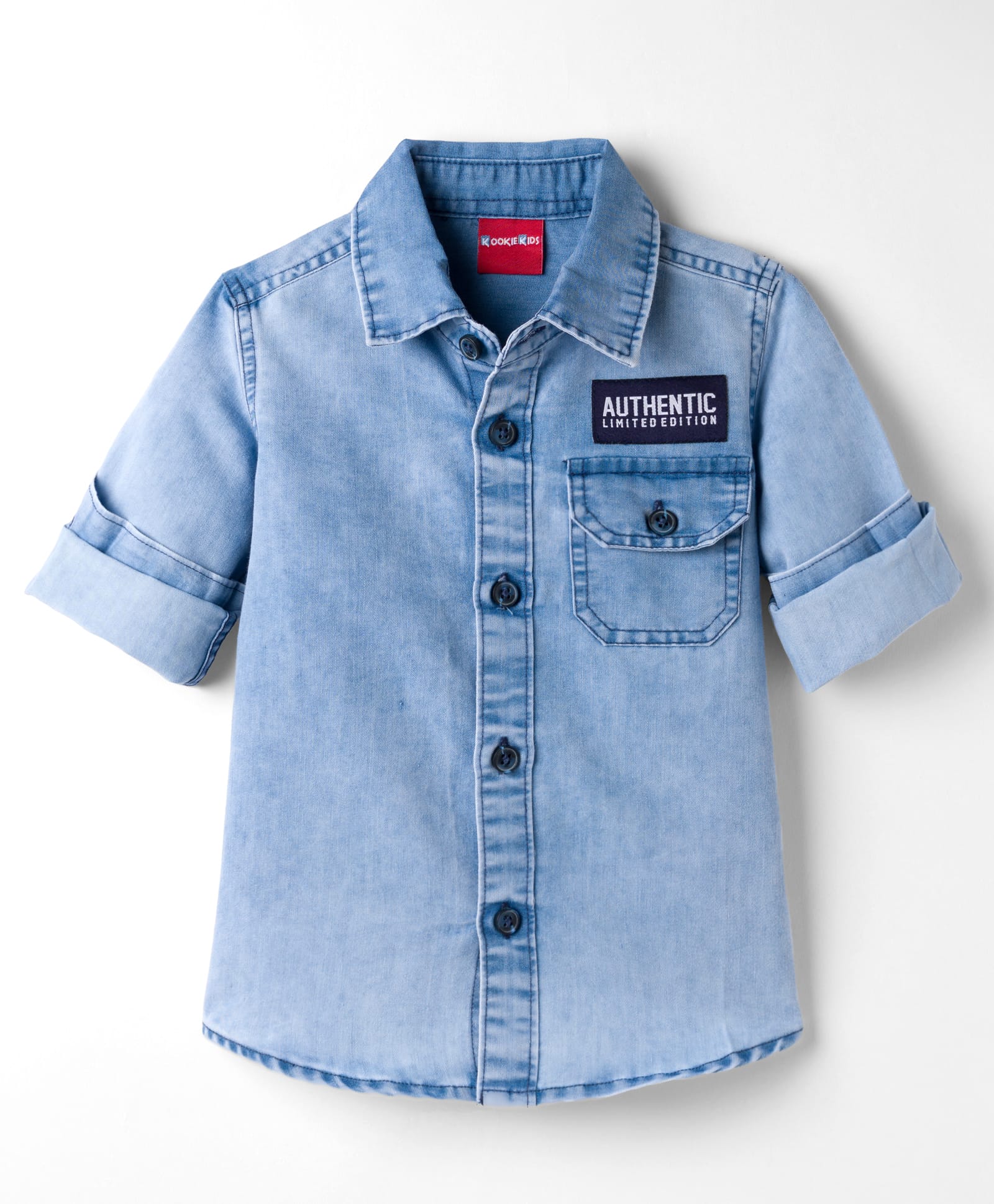 Kookie Kids Woven Full Sleeves Washed Shirt with Front Pocket- Light Blue