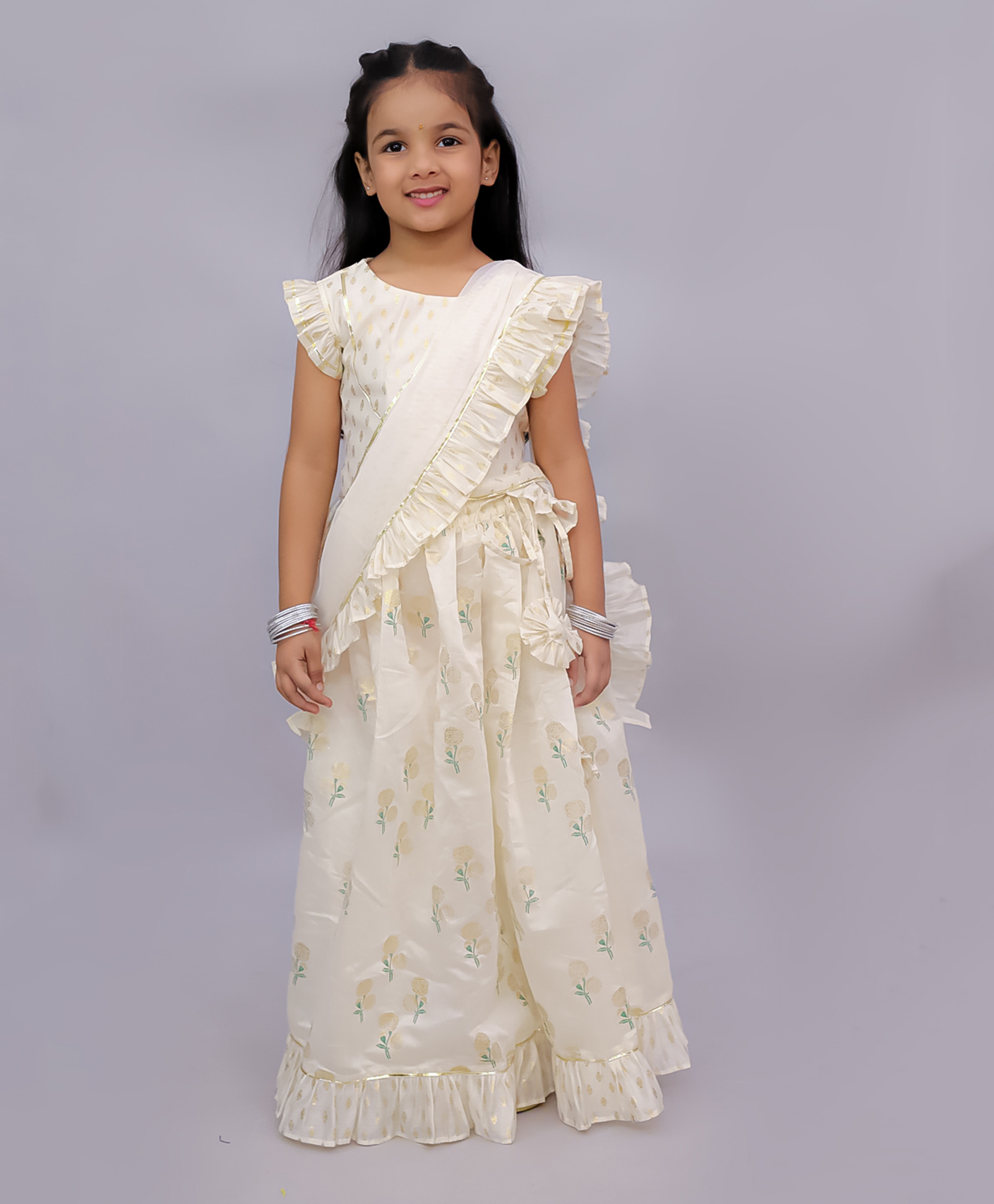 Lil' Drama Chanderi Knit Frill Sleeves Floral Printed Lehenga Choli With Dupatta Set - Off White-image-39