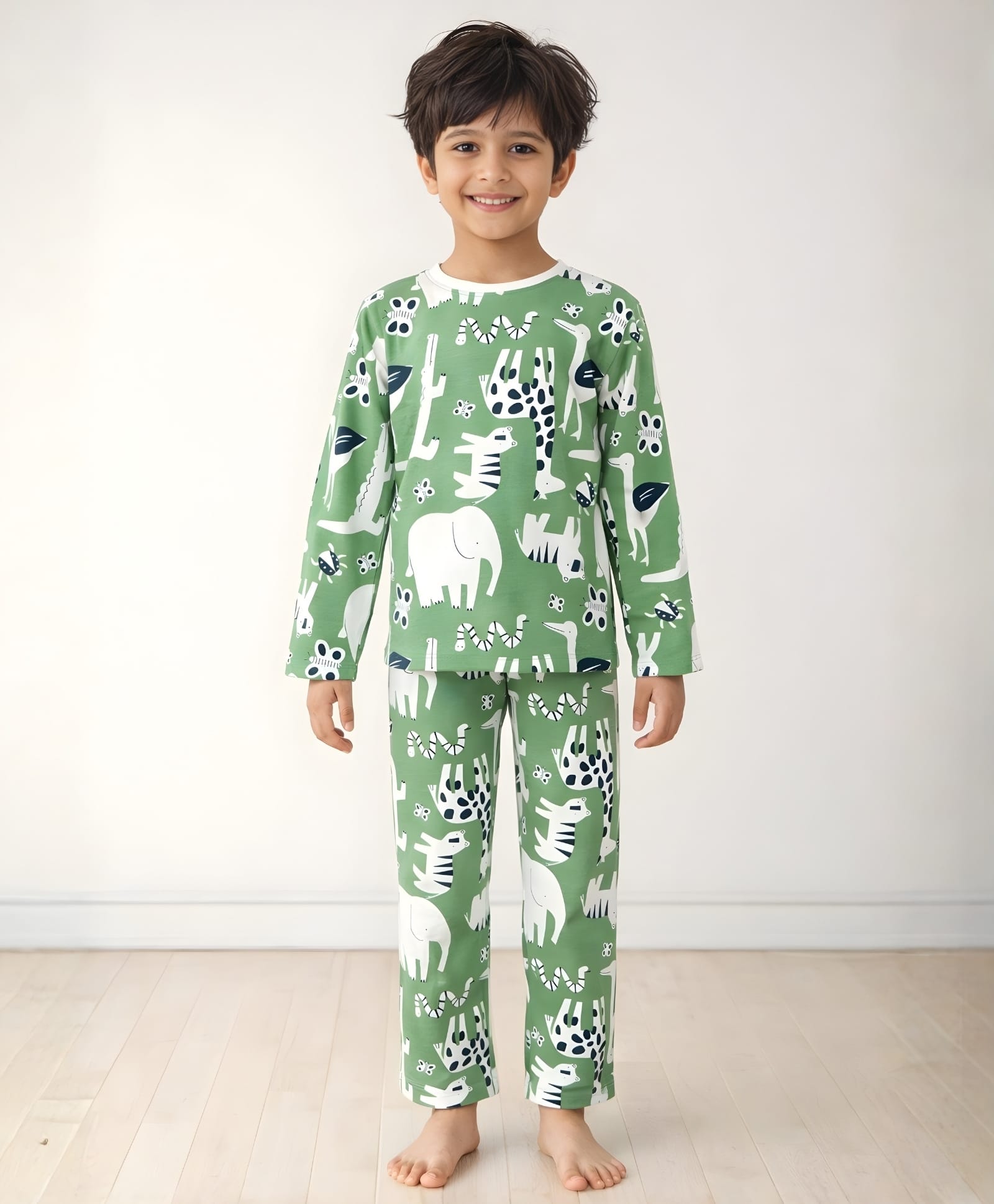 Anthrilo 100% Cotton Knit Full Sleeves Animals Printed Coordinating Night Suit Set - Green-image-20