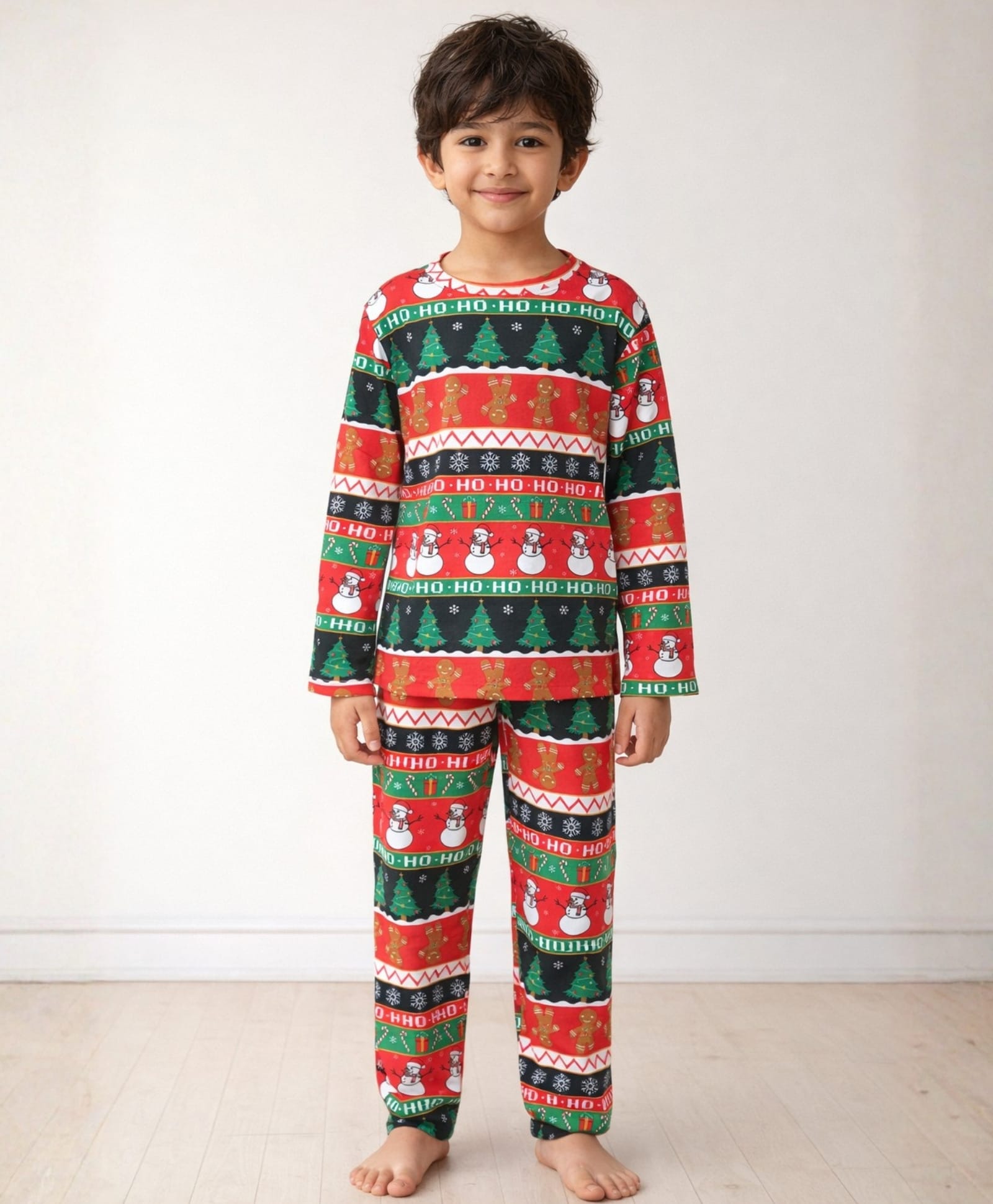 Anthrilo 100% Cotton Knit Christmas Theme Full Sleeves Snowman Printed Coordinating Night Suit Set - Red-picture-35